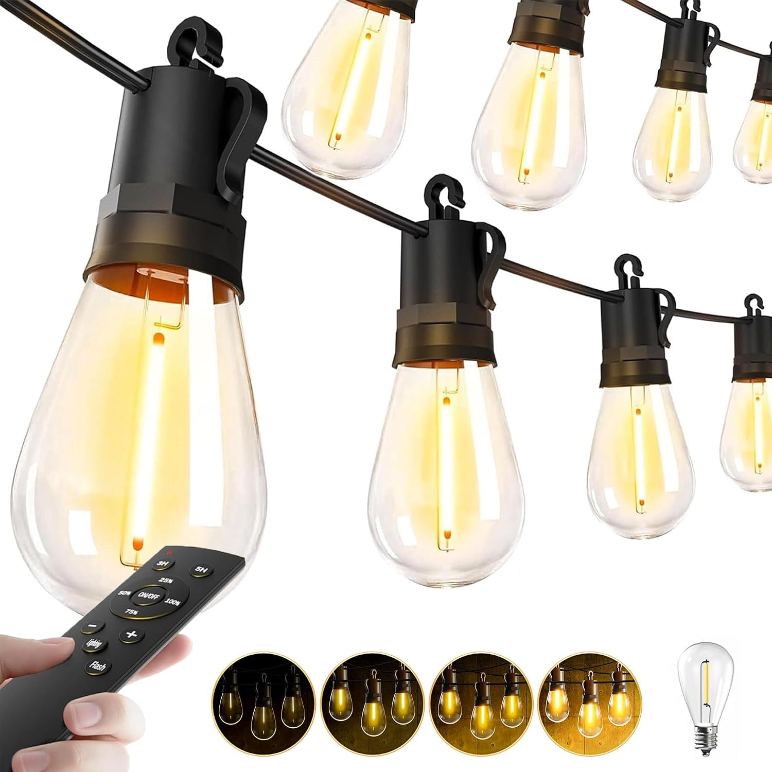 Outdoor String Lights Patio LED – 15M 50FT Outside Waterproof Dimmable | Shatterproof, S14 Porch Light Edison Plastic Bulb Pergola Hanging Balcony Connectable Yard Gazebo Backyard Garden Bistro