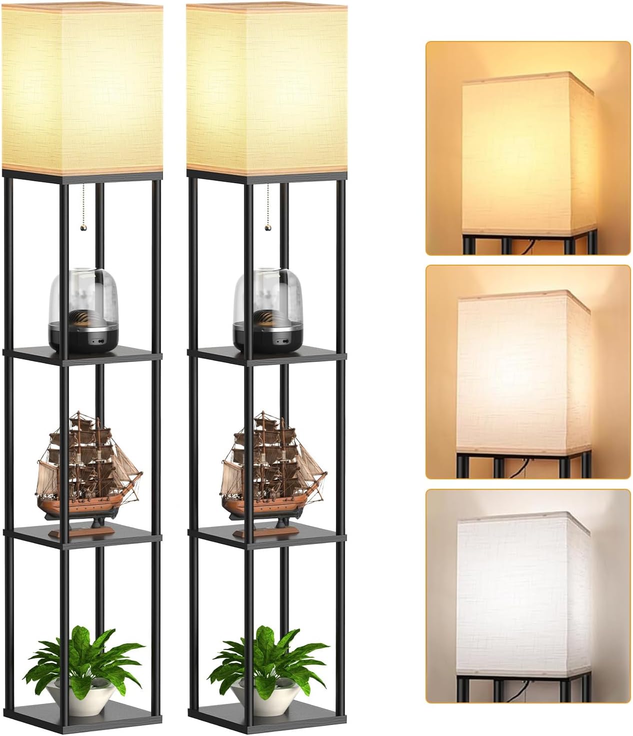 Floor Lamp with Shelves for Living Room 2 Pack, Shelf Floor Lamp with 3 CCT LED Bulb, Corner Display Standing Column Lamp Etagere Organizer Tower Nightstand with White Linen Shade for Bedroom, Office