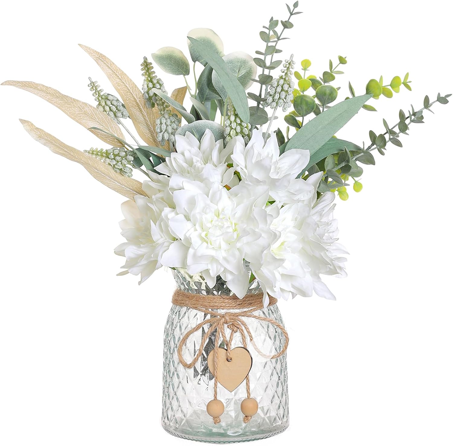 14.5″Faux Dahlia Flowers with Vase,Artificial Flowers in Vase(White) | Lifelike Fake Plant Eucalyptus and Willow,Flower Arrangement for Home Farmhouse kitchen Table Centerpiece Decor