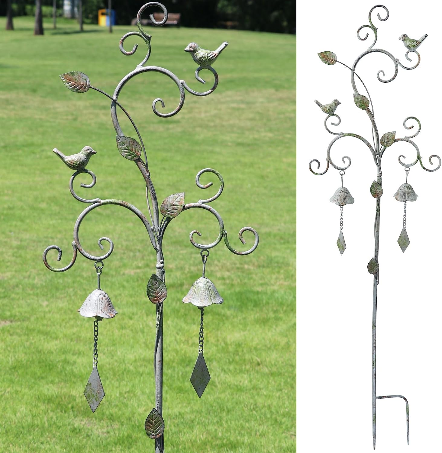Decorative Garden Stakes for Outside,Metal Outdoor Garden Decor with Bells | 45.7″H Wind Chime Stakes for Outside,Bird Metal Garden Art for Garden,Flower Beds, Patio.
