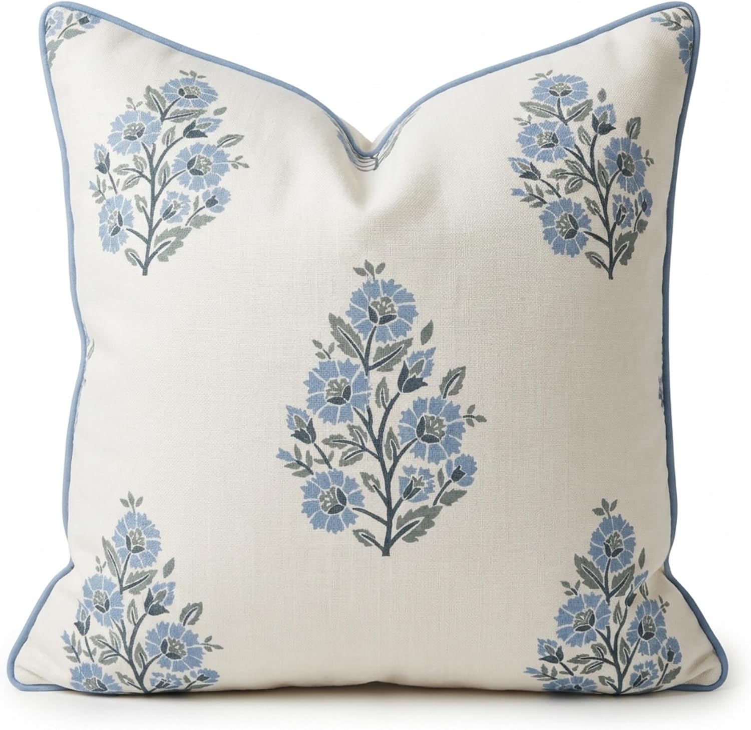 Jillien Harbor “The Camille” Floral Block Print Pillow Cover – Soft Blue and White Decorative Throw Pillow Cover – Grandmillennial Home Decor, 20″ x 20″