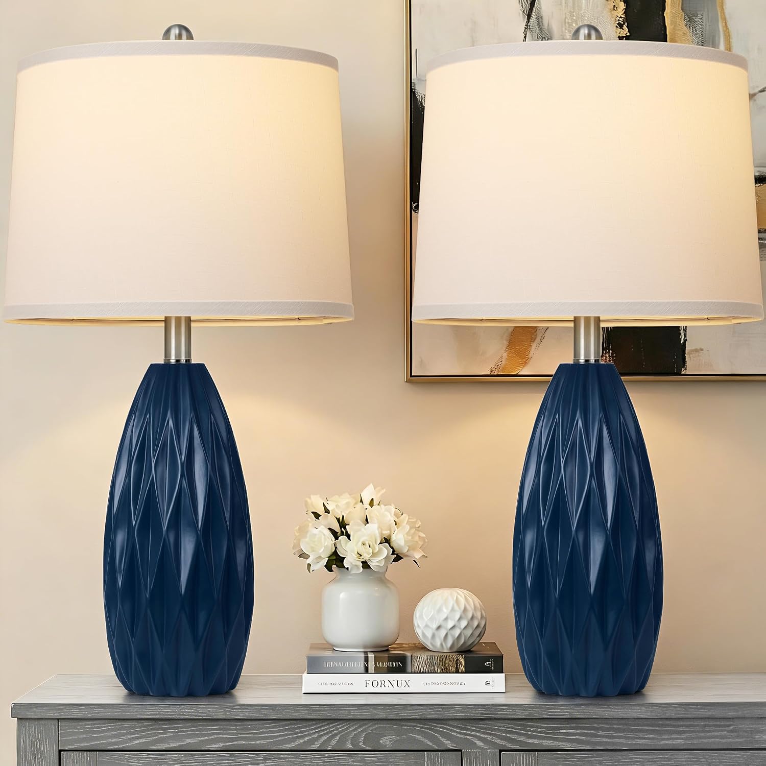 Modern Table Lamp for Living Room, 25” Bedside Lamp Set of 2, Navy Blue Resin Table Lamp, Bedroom Lamp for Nightstand with Linen Shade, Diamond-Shaped Lamp Body,Desk Lamp for House(2 Bulbs Included)