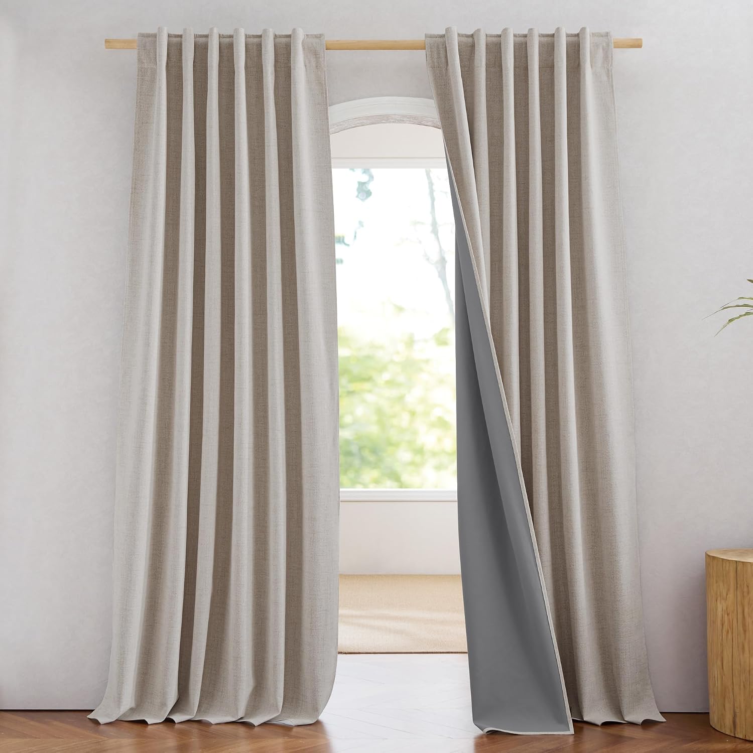 NICETOWN 100% Blackout Linen Curtains for Bedroom/Living Room 90″ L, 2 PCs | Thermal Insulated & Privacy Curtains with Grey Liner, Noise Reducing Farmhouse Style, Natural, W52 x L90 in Each