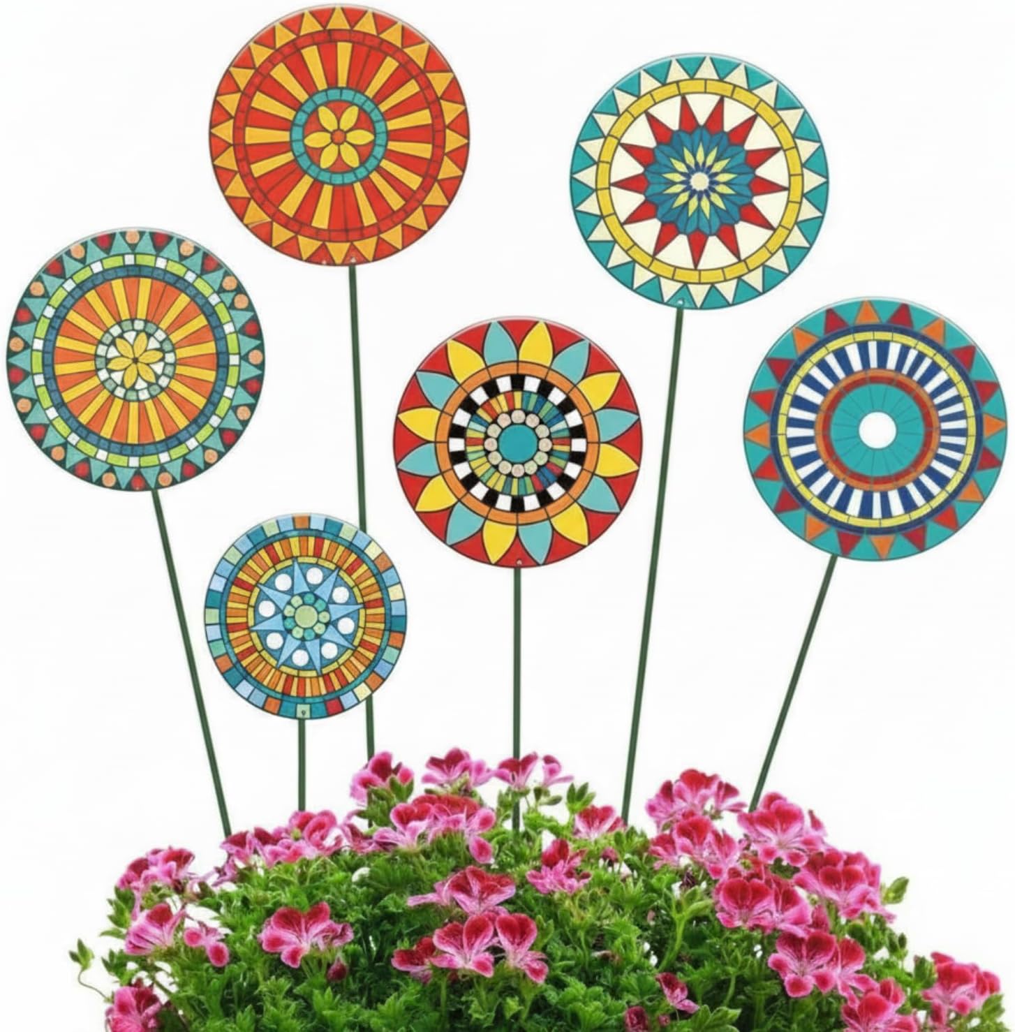 RattanView 6 Pcs Metal Flowers Garden Stake Decor for Outside 11.8 Inch Mandala Flowers Decorative Stakes Yard Decorations Outdoor Yard Art Garden Decorations for Lawn Porch Pathway Patio