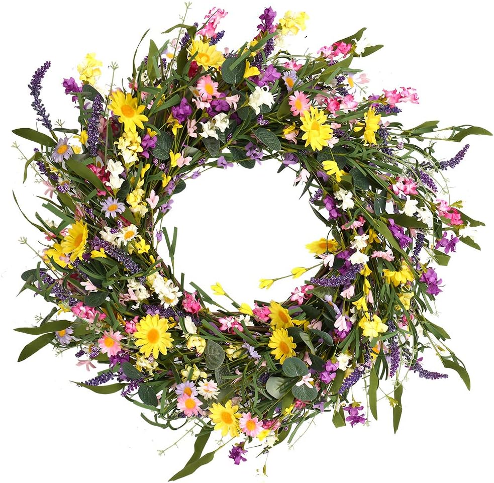J’FLORU Spring Wreath 24 Inch Summer Wreaths for Front Door Artificial Flower Wreath with Daisy and Lavender for Indoor Outdoor and Easter Celebration