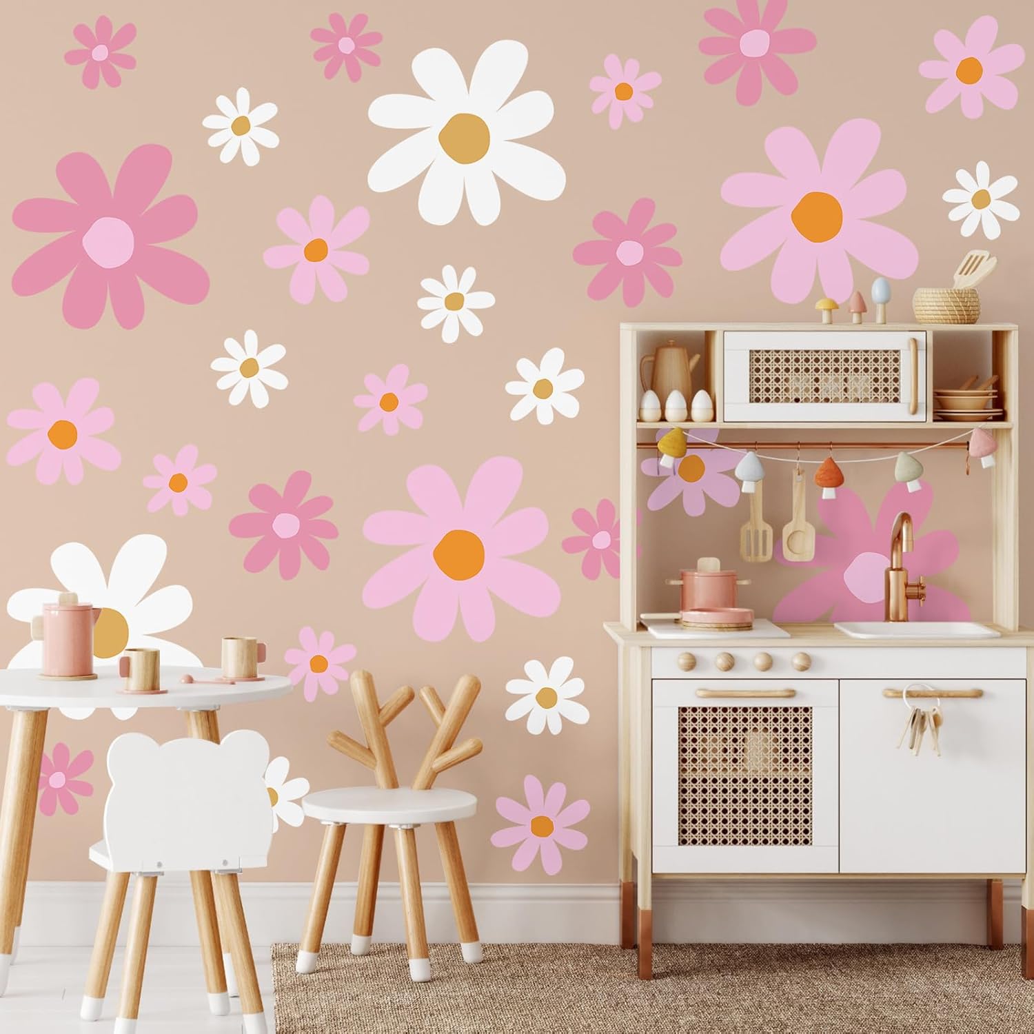 TaoBary 12 Sheet Daisy Wall Sticker Decal Removable Cute Daisy Bedroom Room Decor Flower Wall Sticker Pink White Flower Decal Wallpaper Peel and Stick for Nursery Home(Pink Color,Vibrant Style)