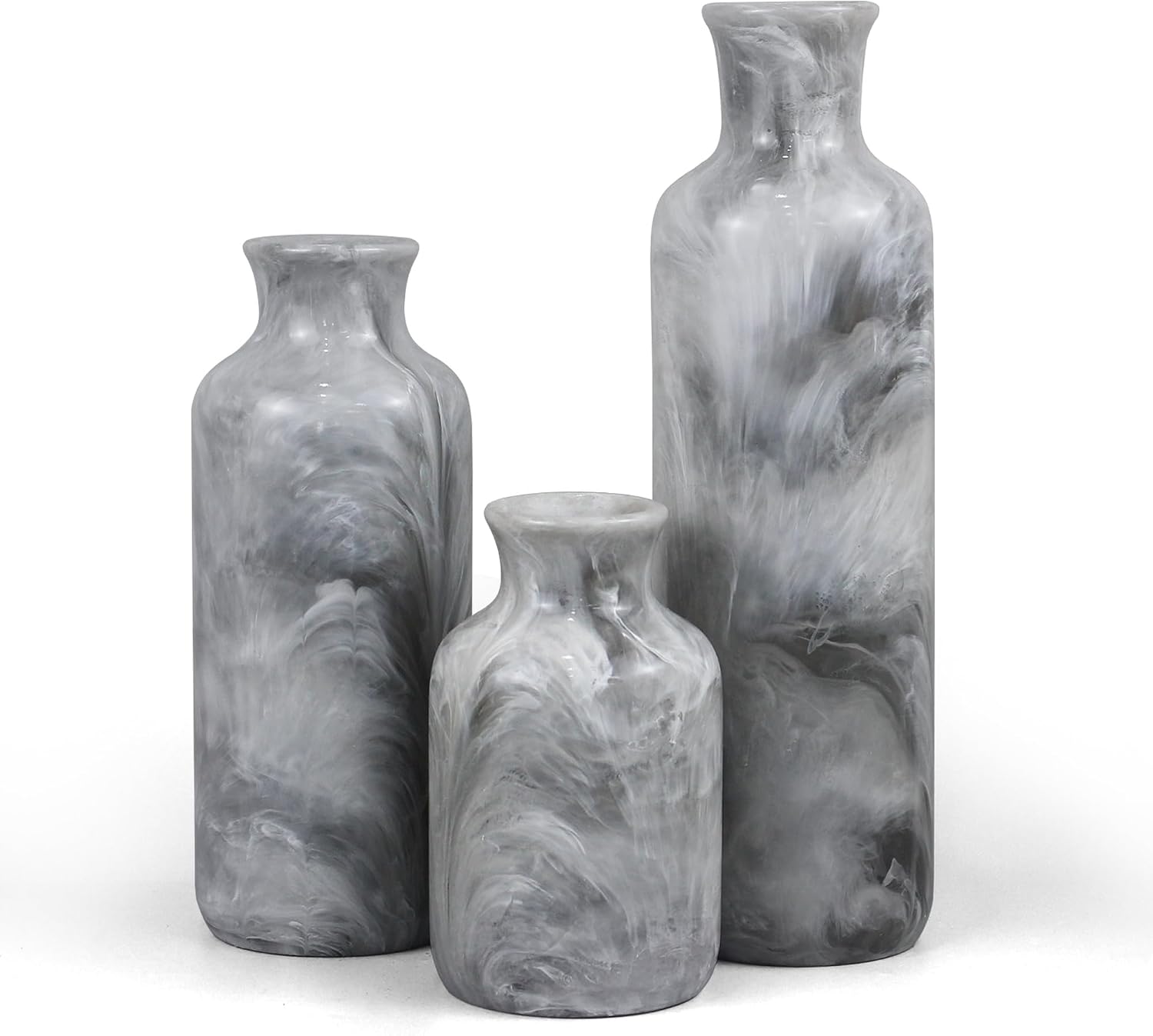 YMXYJM Resin 3 Piece Decorative Vase Set, Grey Farmhouse Home Decor | Rustic Vase Set of 3 Centerpiece, Mantel and Shelf Decor. Boho Style Vases for Kitchen Counter, Bedroom, Office, Living Room
