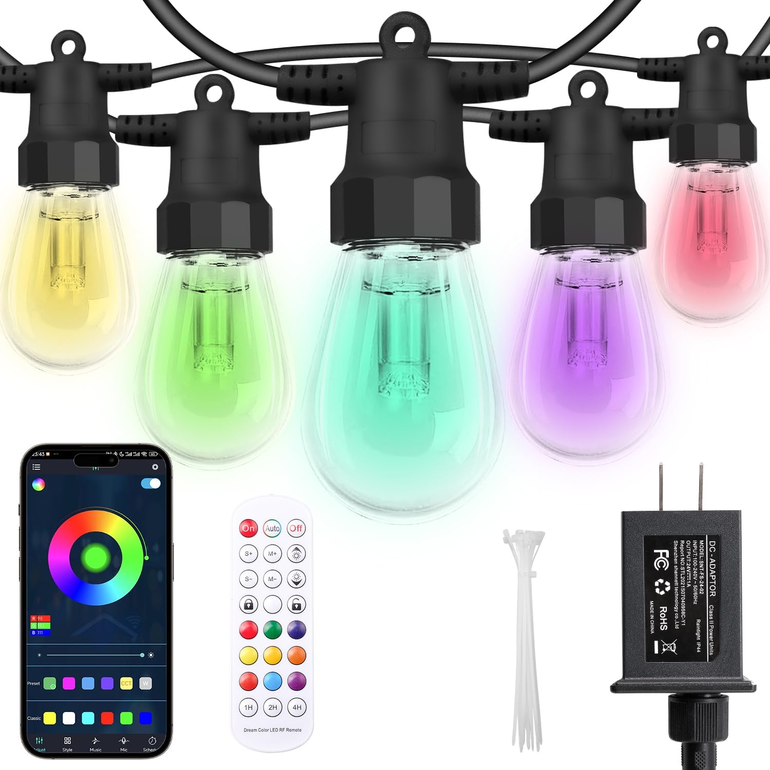CAWWS Outdoor String Lights 50FT, Color Changing Patio Lights, Waterproof | 20 Shatterproof LED Bulbs, Multicolor & Warm White, Dimmable, IP67 Waterproof, APP & Remote, Custom Colors, 24V Low Voltage