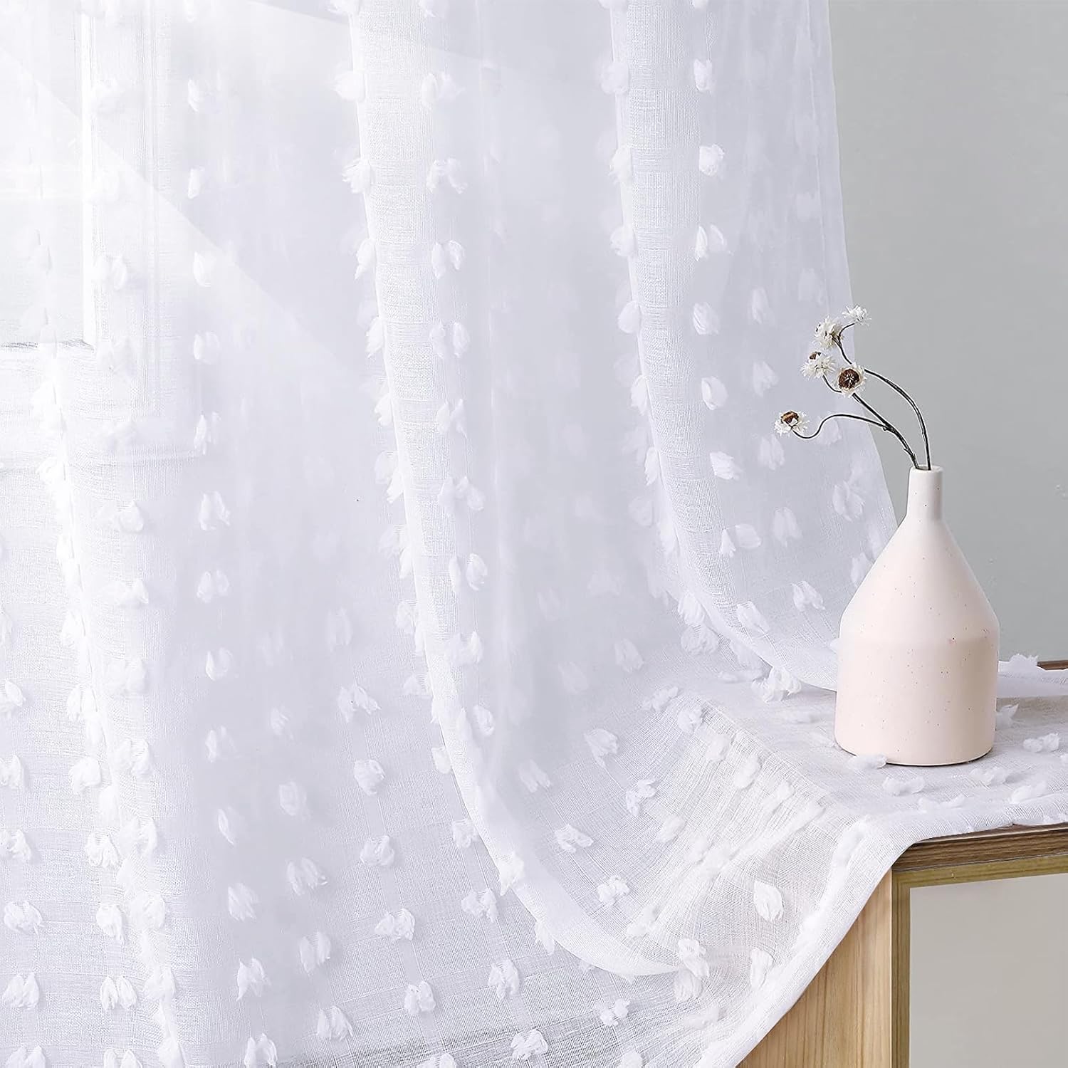 Guken White Sheer Curtains 84 Inch Length 2 Panels Sets for Living Room Bedroom 38 Inch Width Boho Drapes Light Filtering Pom Pom Curtains Semi Sheer Nursery Girls Rod Pocket,W38xL84