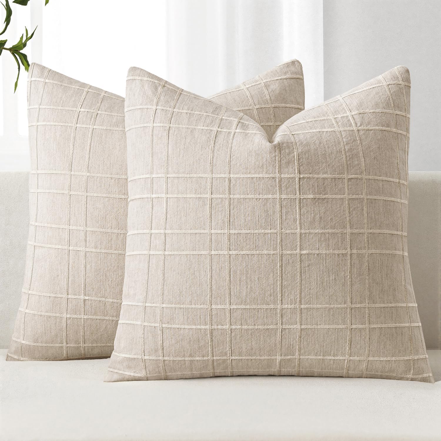 MIULEE Linen Plaid Pillow Covers Decorative 20×20 Natural Beige | Set of 2 Neutral Vintage Throw Pillow Covers Gingham Modern Farmhouse Home Decor for Sofa Couch Cushion Bed