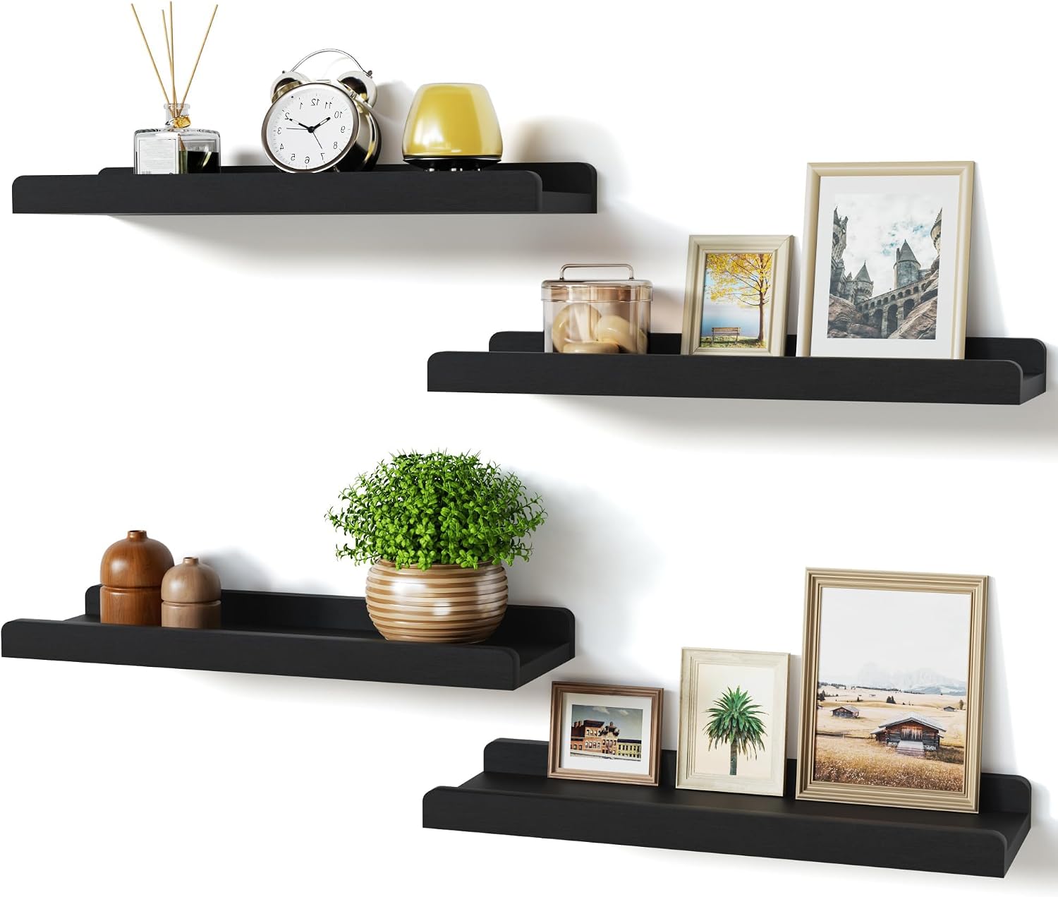 Love-KANKEI 15.6″ Black Floating Wall Shelves with Lip,Solid Wood,Set of 4 | Protective Ledge,Easy to Install,18 Lbs/shelf,For Bedroom Living Room Bathroom Kitchen Office,Nursery Display,Wall Decor