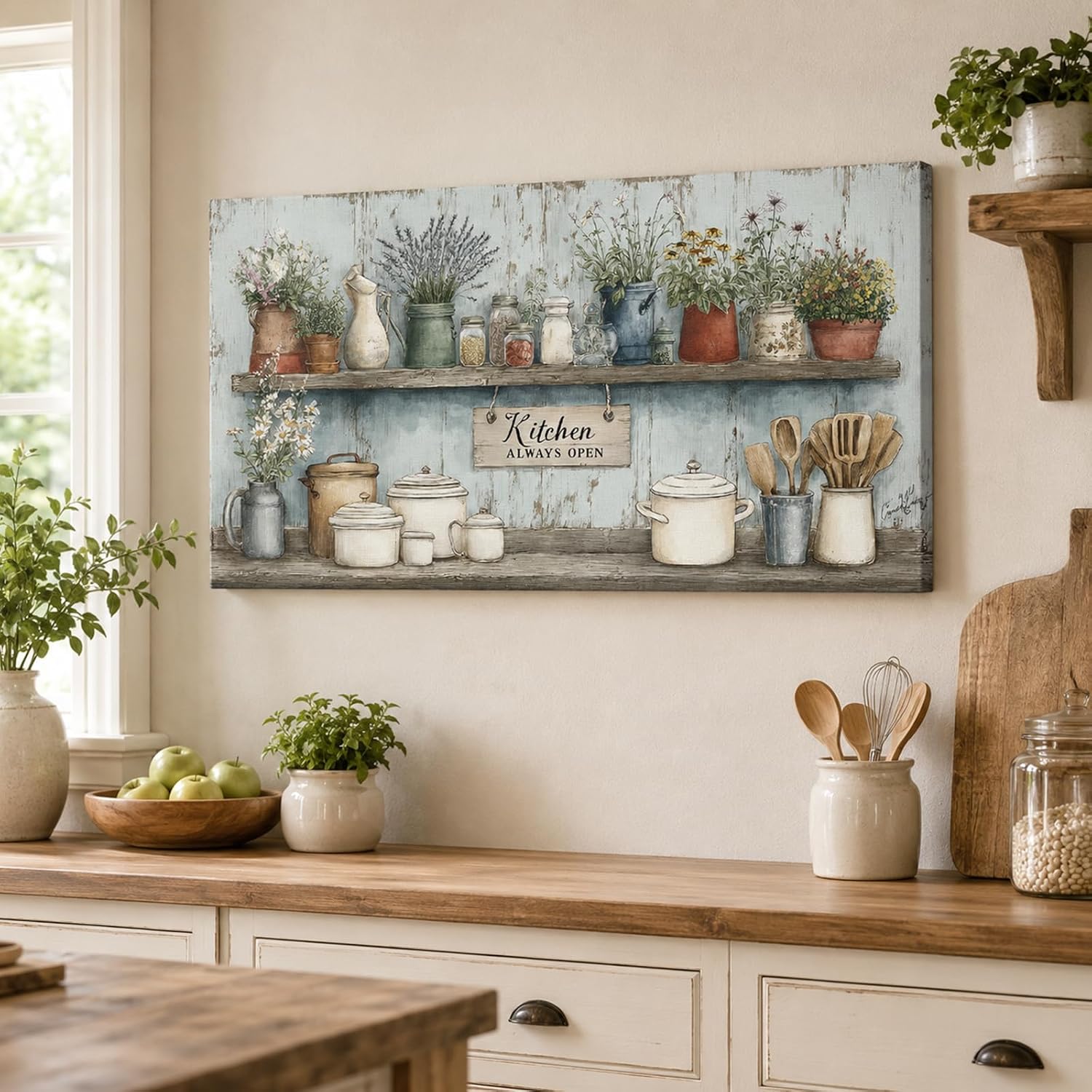 KVTM Rustic Kitchen Canvas Wall Art, Country Farmhouse Prints, Vintage Food Still Life Painting Pictures, Inspirational ‘Kitchen Always Open’ Artwork for Farmhouse Dining Room Wall Decor, 16×32 inches