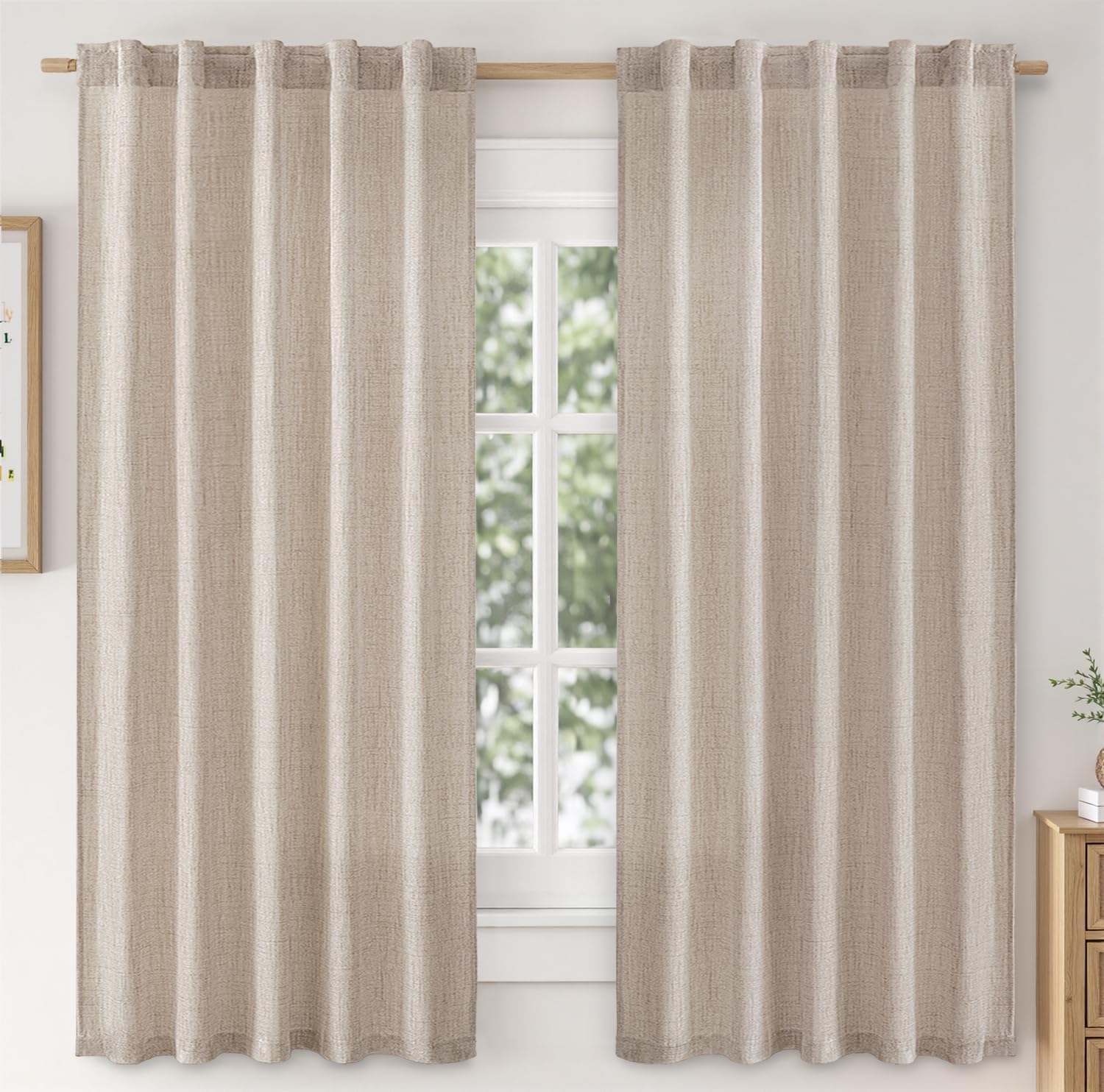 MIULEE Faux Linen Curtains 63 Inch Length 2 Panels Natural Semi Sheer Curtain with Back Tab Rod Pocket, Light Filtering Window Privacy Burlap Drapes for Living Room Bedroom 42W x 63L Linen