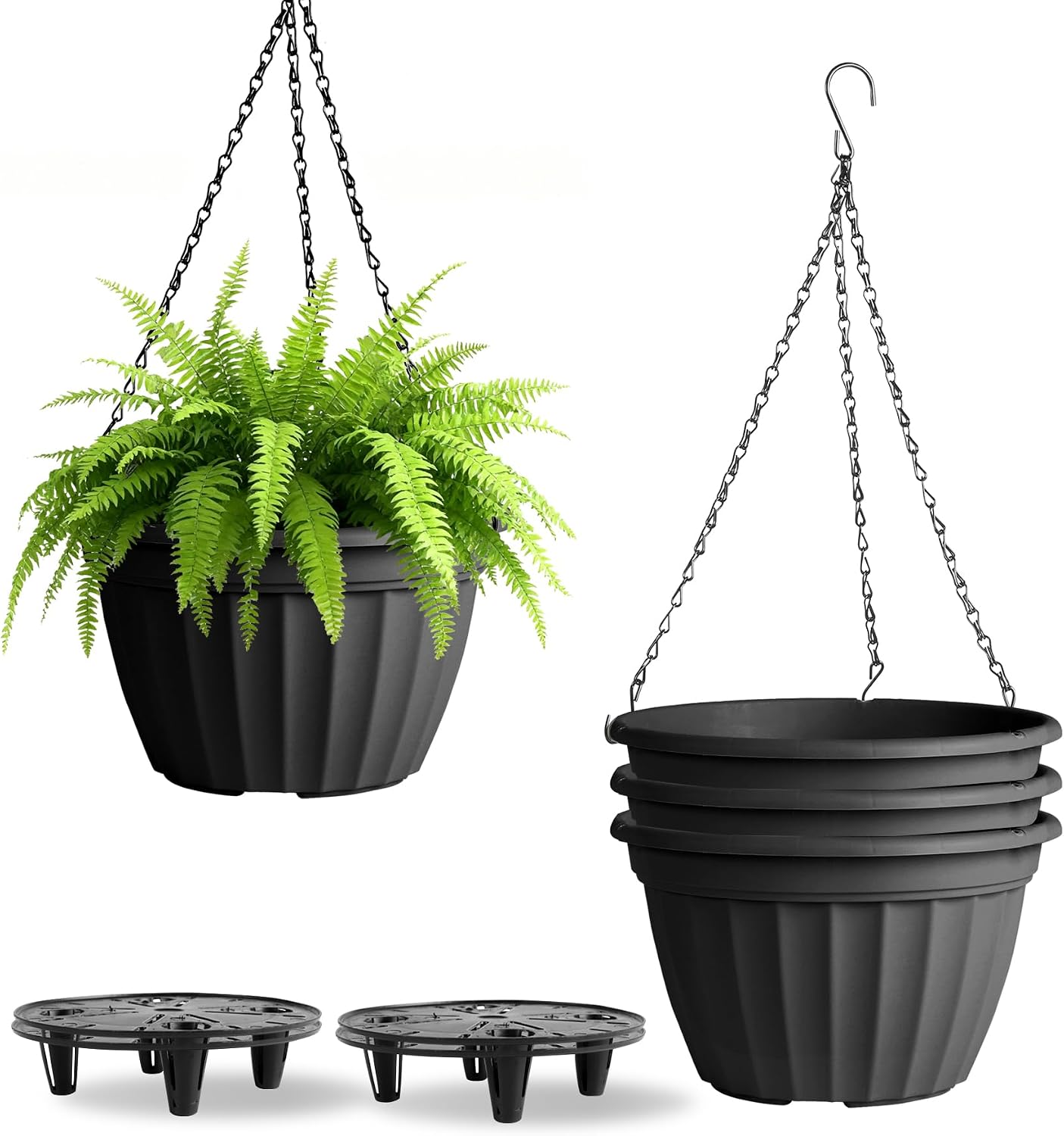 FGstyle Hanging Planters 10 Inch 4 Pack,Hanging Baskets for Plants Outdoor | Self Watering Plastic Hanging Flower Pots with Soil Elevator and 20″ Chain for Home Garden Porch Balcony Patio Decor(Black)