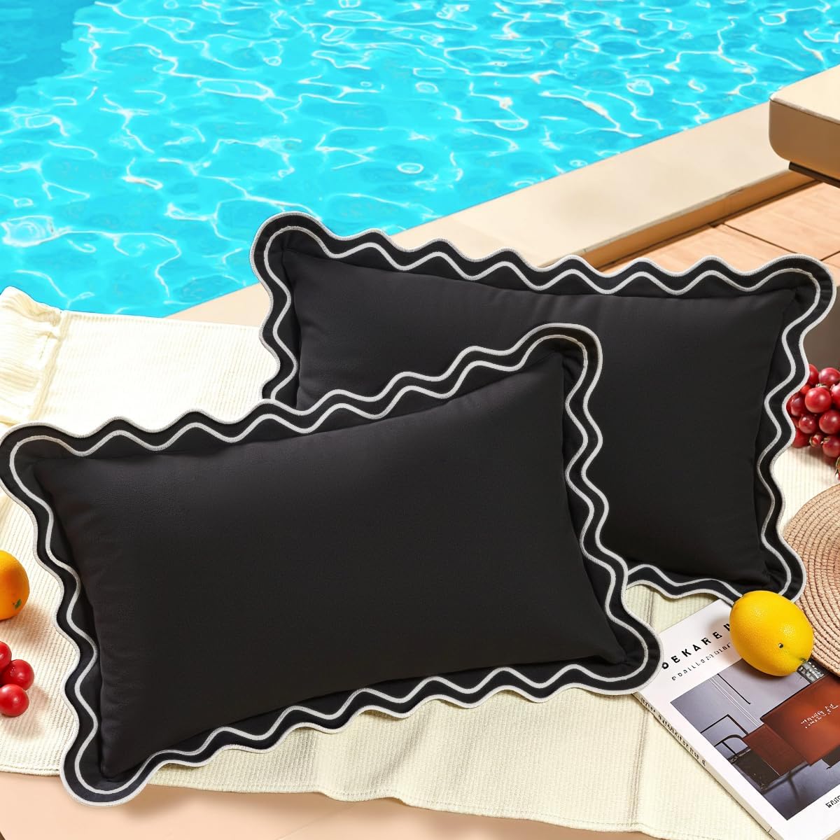 JOJOGOGO Black and White Scalloped Outdoor Lumbar Pillow Covers 12×20 Waterproof & Sunproof Set of 2, Black Outdoor Pillows Embroidered Decorative Throw Pillows for Couch Porch and Patio Furniture