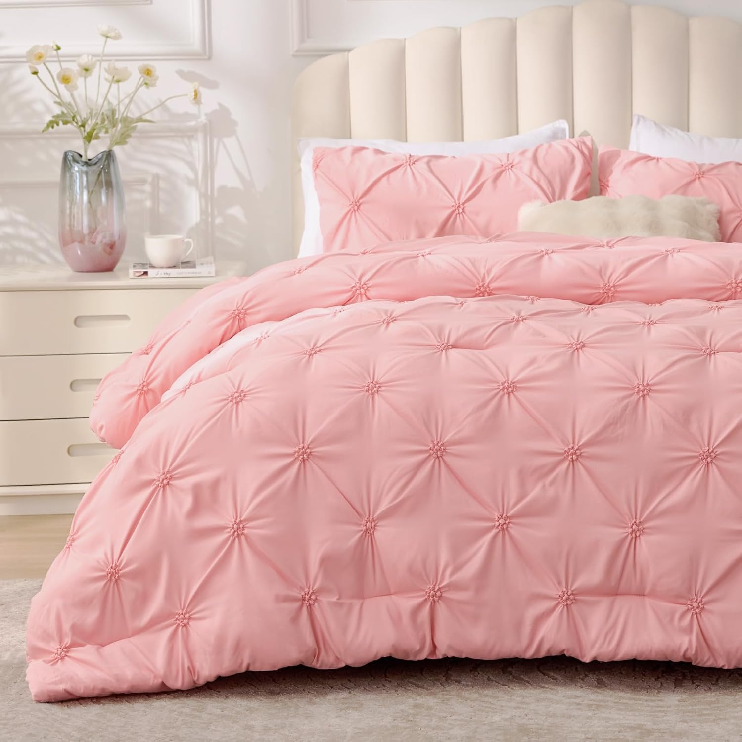 BEDELITE Queen Comforter Set Pink – 3 Pieces | Boho Pintuck Bedding, Lightweight Soft & Warm, With 2 Pillowcases, For All Season