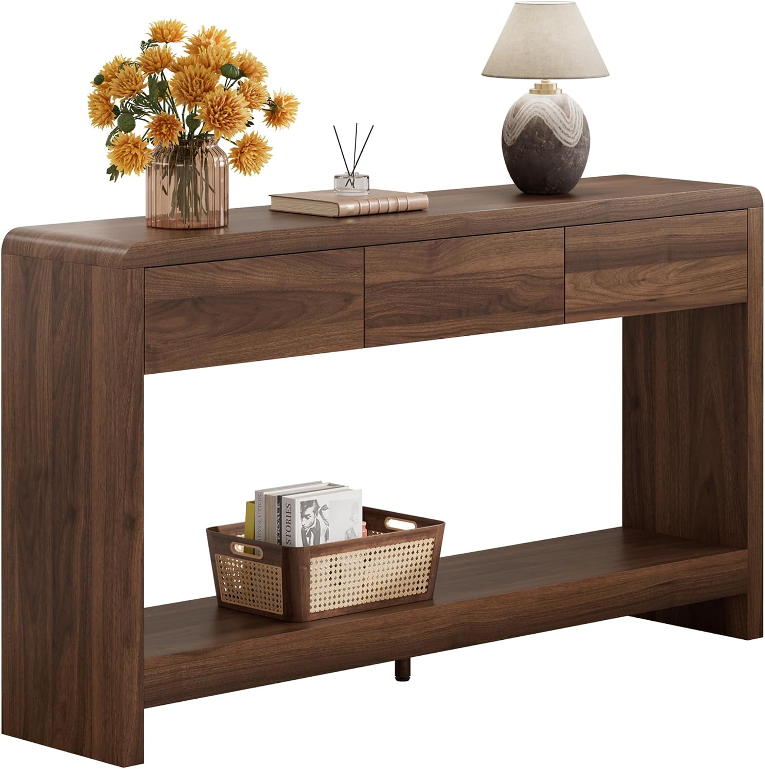 Lulive 55 Inch Entryway Table with 3 Drawers, Waterfall Console Table | 55.1″W slim 11.8″D statement console with 3 wood drawers, open shelf and 265 lb top capacity for large hallway or living room