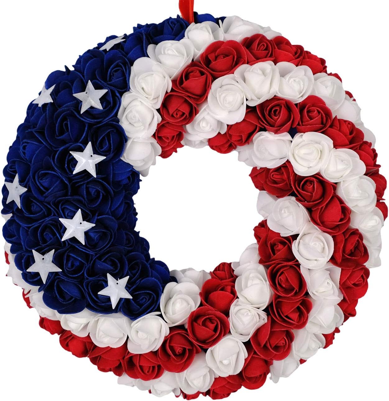 July 4th Patriotic Americana Wreath Boxwood Handcrafted Memorial Day Wreath Festival Garland Decoration Front Door Wall Home Decor (Blue)