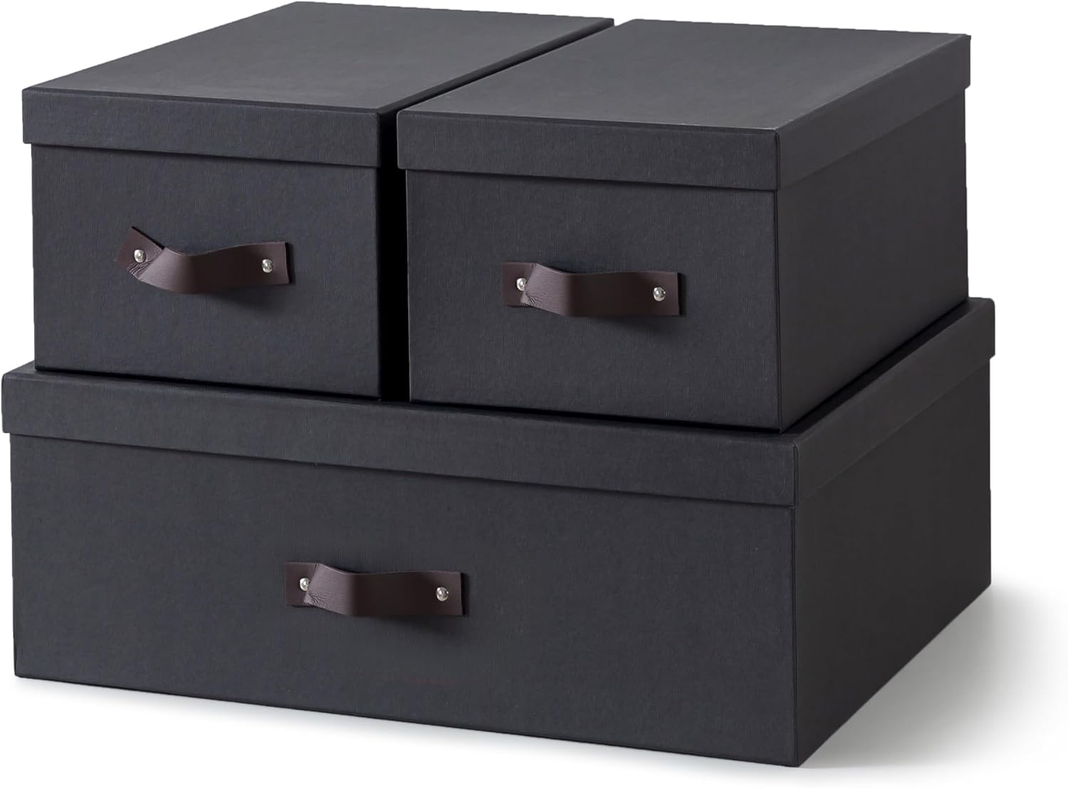 Soul & Lane – Decorative Storage Boxes with Handles, Set of 3, Dark Gray | Sturdy Cardboard Photo Organizers with Lids for Office and Home, Grey Nesting Storage Containers for Documents and Decor