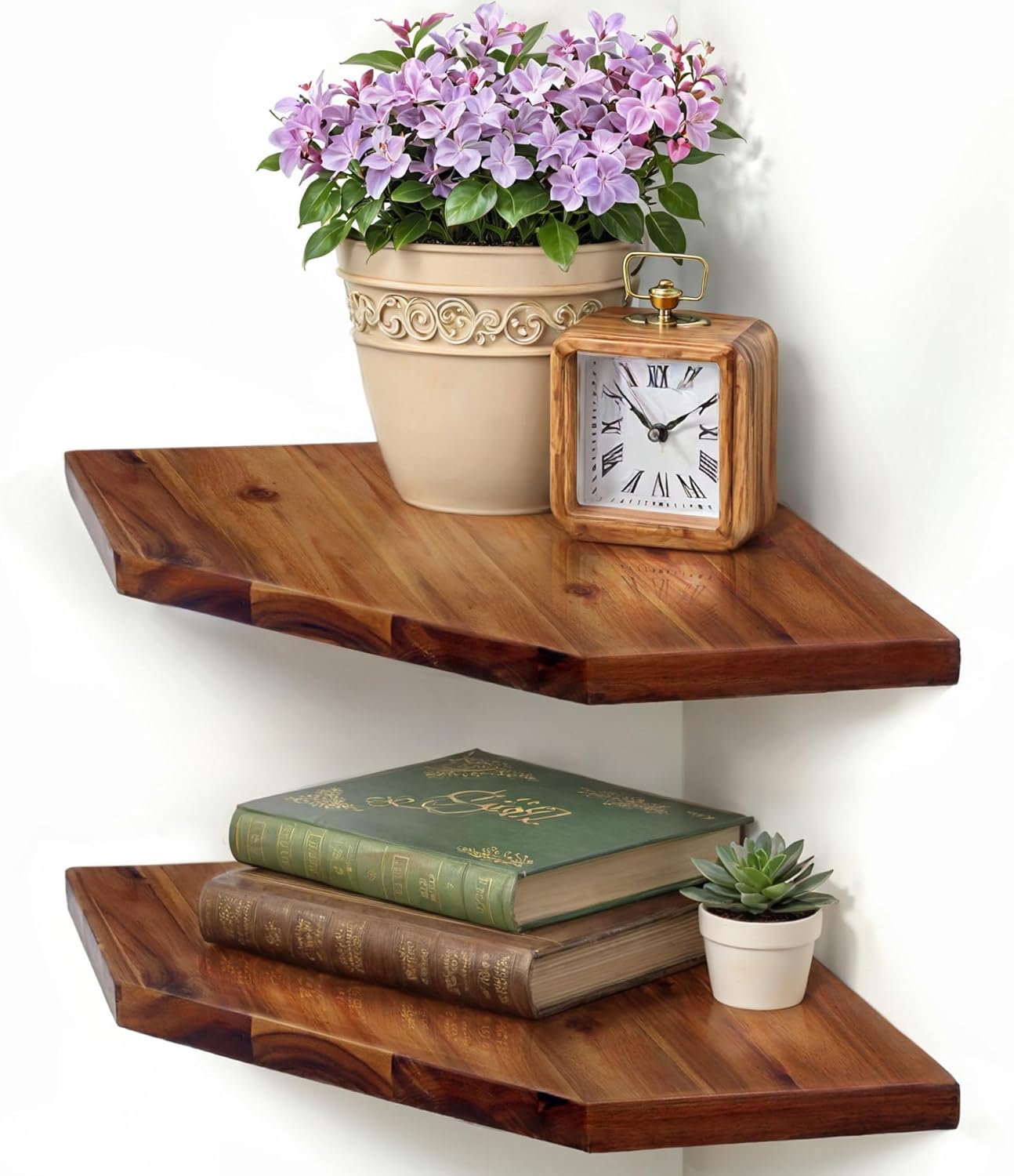 Demigo Corner Shelf Wall Mount, 2-Pack Acacia Wood Floating Corner Shelves | 11.8 x 16.5 in Wall Mounted Triangle Shelves for Bedroom, Living Room, Bathroom & Kitchen, Durable Storage Display Decor