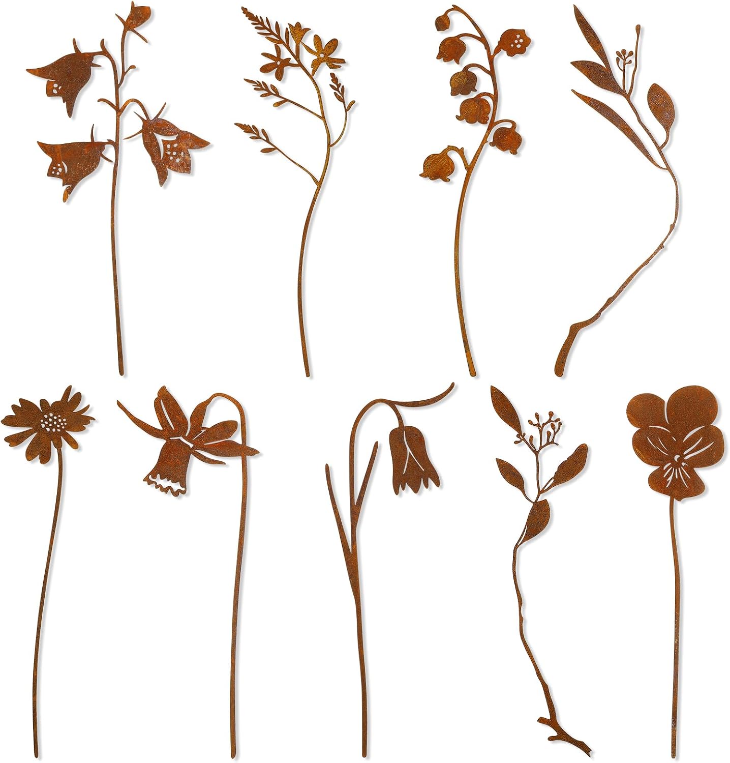 9 Pcs Rusty Metal Flowers Rustic Spring Plants Rusty Metal Garden Stakes Decor for Outside Yard Art Decorative Garden Stakes Potted Plants Lawn Yard Walkway and Flower Garden