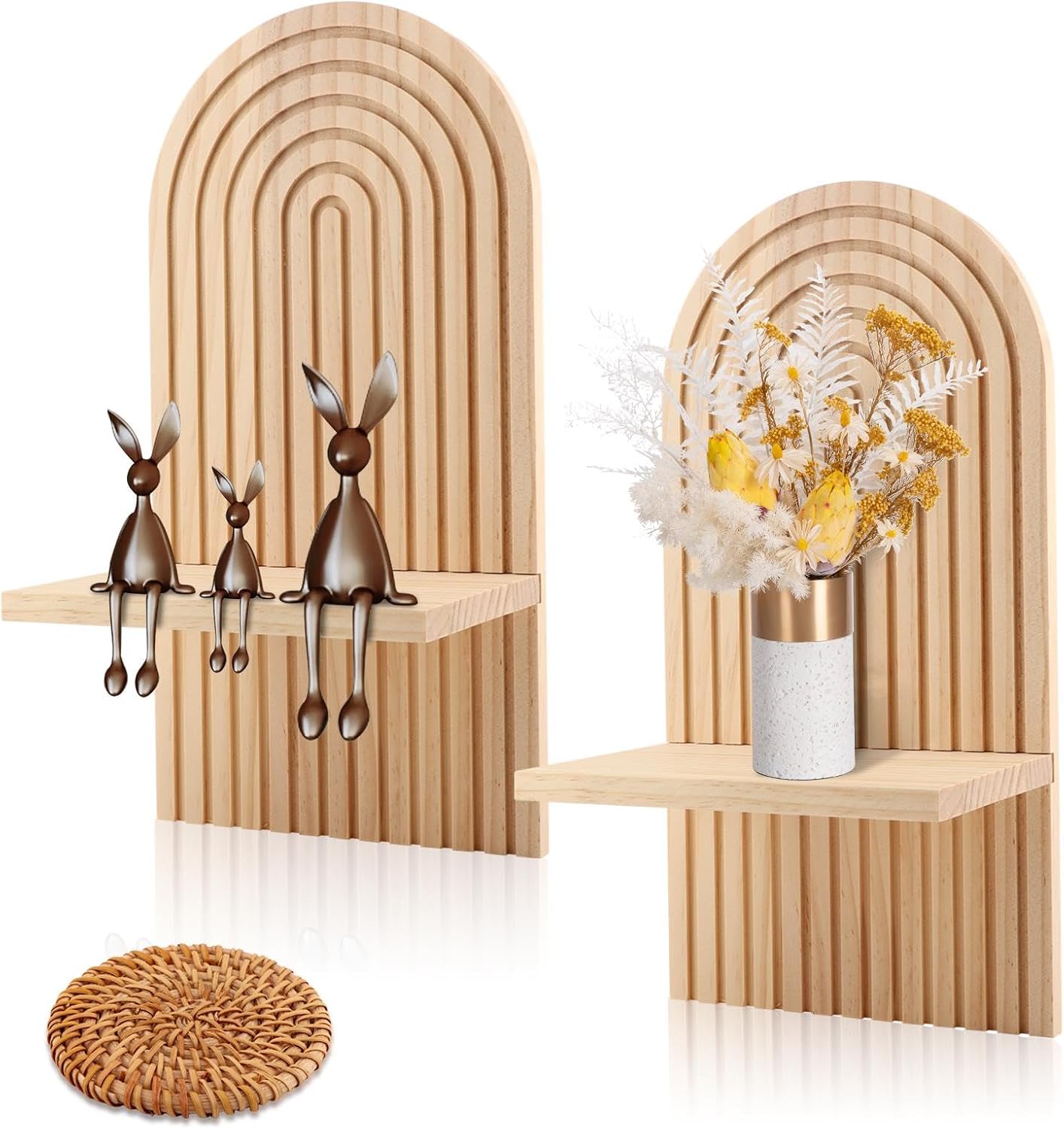 Boho Wall Decor Set of 2 Boho Wall Shelf with 1 Coaster | Natural Modern Minimalist Wall Candle Holder for Bathroom, Bedroom, Living Room, Beside Fireplace TV, 13.78 x 7.09inch