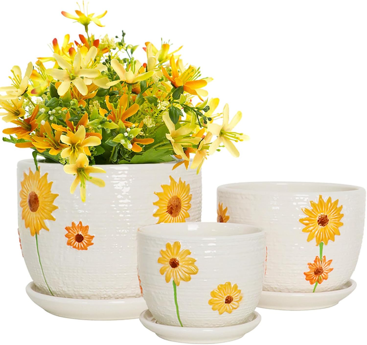 Hlukana Ceramic Plant Pots Set of 3, 6.75/5.6/4.2 inch Planters with Drainage Holes and Saucer, Flower Pots Outdoor Indoor, Modern Decorative Planters for House Plants Garden Planters Succulent Pots