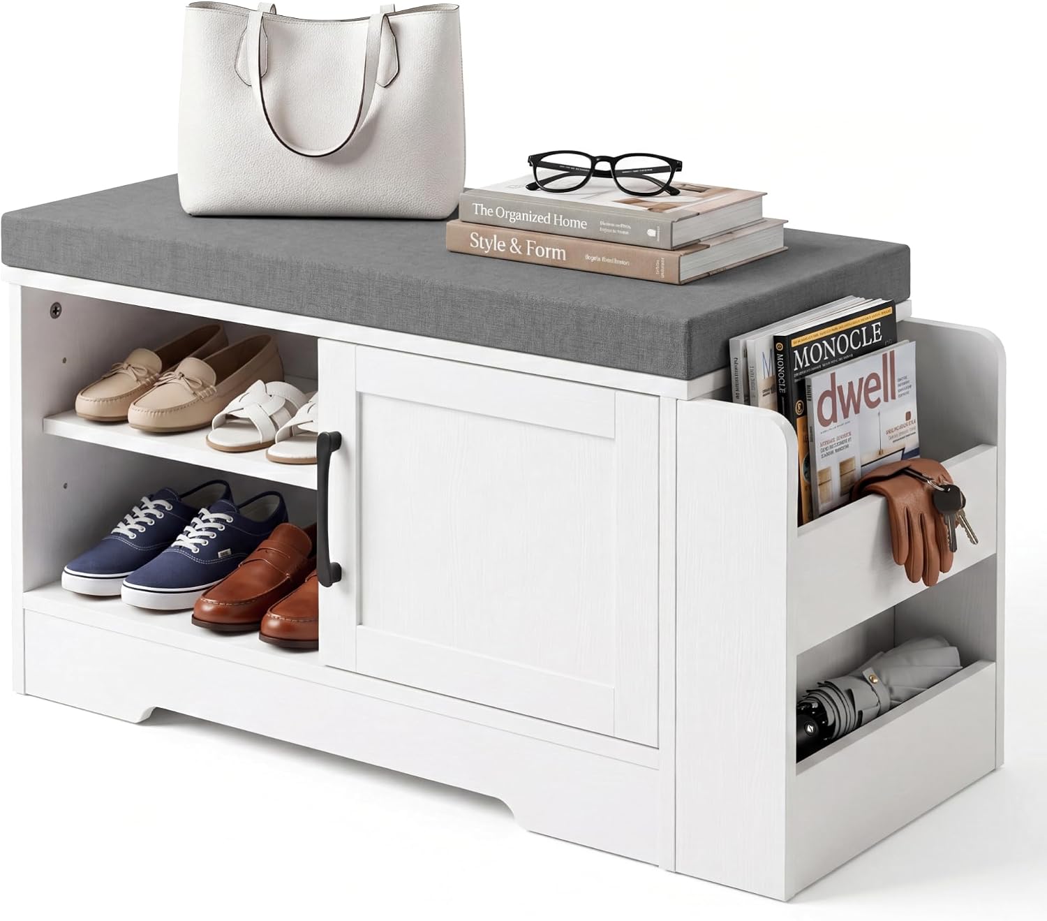 GRUSIGN 27.8″ Shoe Storage Bench with Cushion, Entryway Shoe Cabinet, White | 3-in-1 Shoe Storage Bench, Adjustable Shelves, Removable Cushion, 300 lbs Capacity, Entryway, Apartment, Families