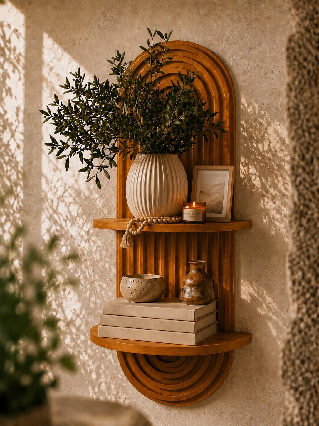 Boho Wall Shelf, CNC Carved Wall-Mounted Shelf for Boho Wall Decor | Functional Decorative Wooden Wall Decor Shelf, Scandinavian Style for Entryway, Bedroom, Bathroom, Living Room & Kids Room