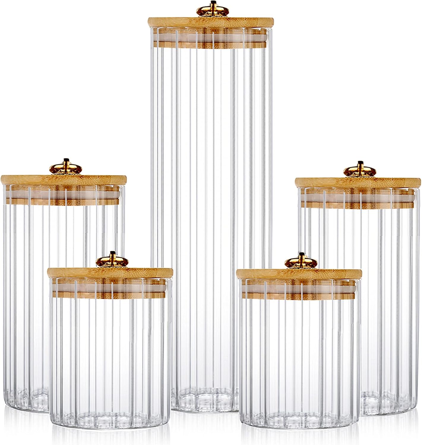 Glass Storage Jars Set of 5, Coffee Bar Containers with Airtight Bamboo Lid | Vintage Metal Ring, Ribbed Borosilicate Glass, Home Kitchen Pantry Storing Coffee, Candy, Sugar, Tea, Nuts, Oatmeal, Pasta