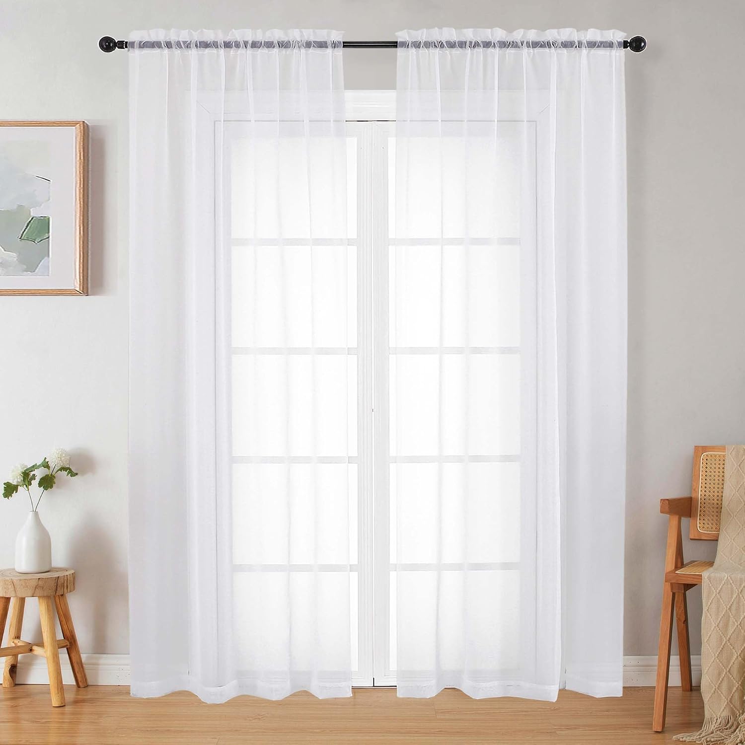 White Sheer Curtains 84 Inches Long 2 Panels Set for Bedroom Living Room, Soft Airy Light Filtering Modern Solid Rod Pocket Drapes Window Treatments, White, Each 42″ W x 84″ L
