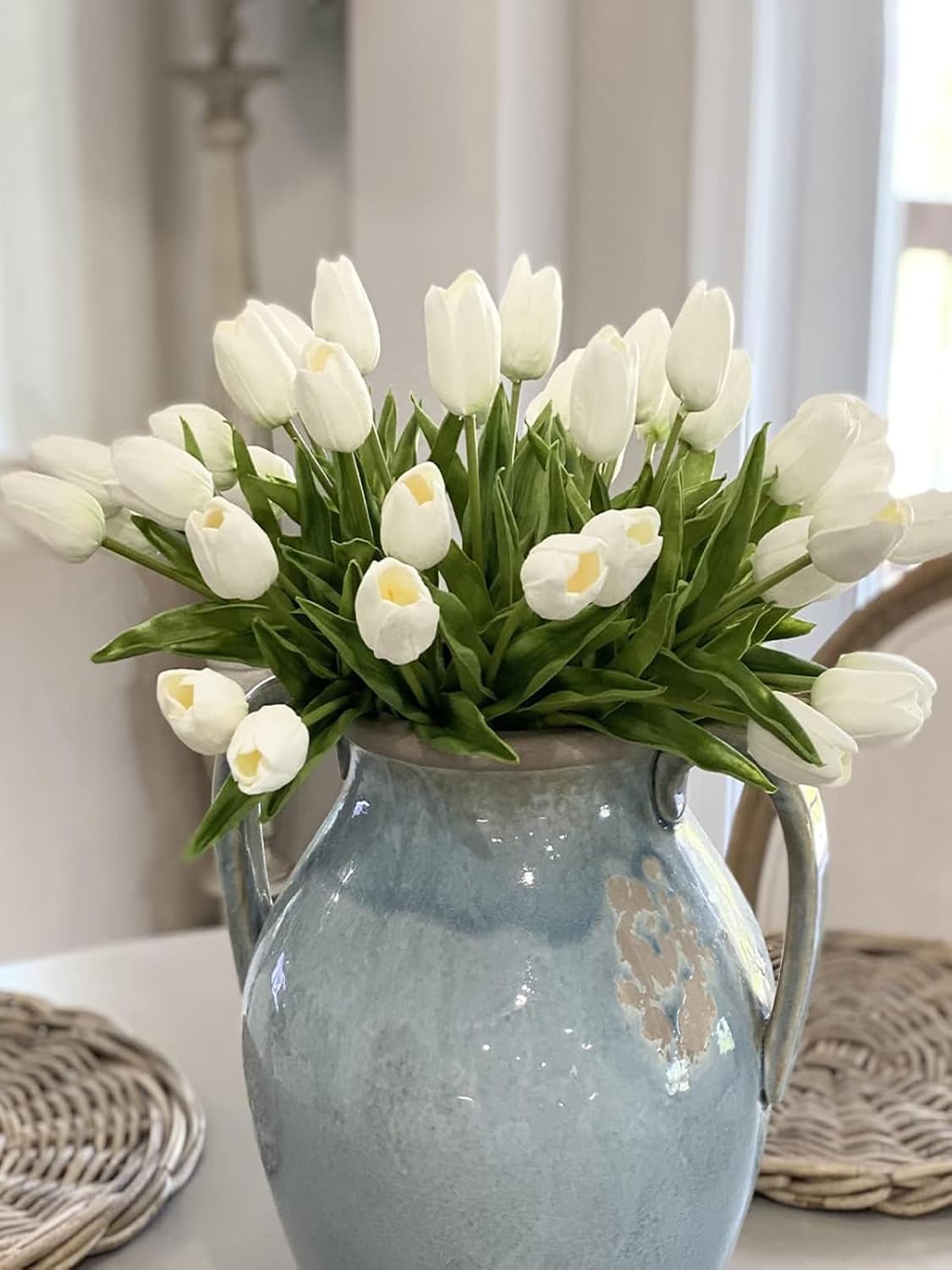 Beferr White Tulips Artificial Flowers 18Pcs Faux Silk Tulip Real Touch Tulip Fake Flowers Bouquets Arrangements for Mother’s Day Easter Spring Flowers Gifts Home Table Decor