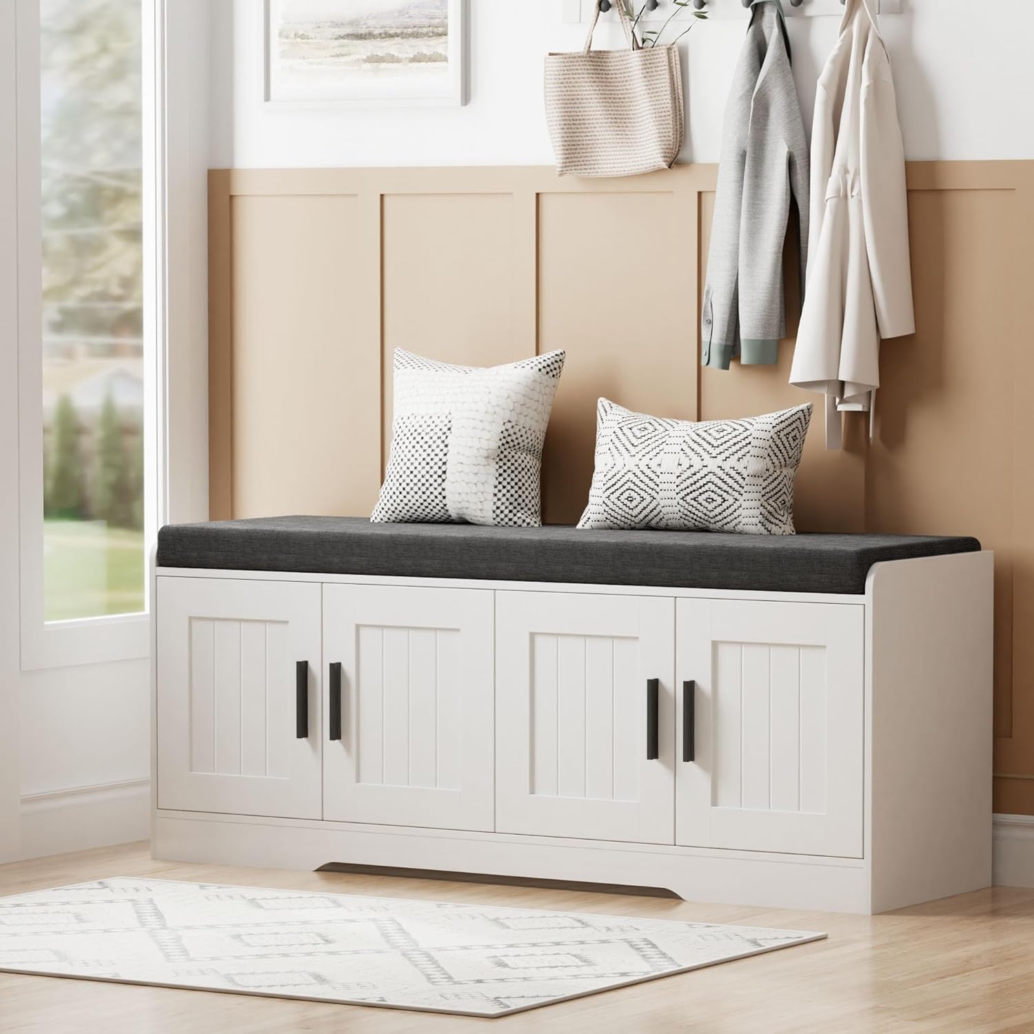 Homleke Shoe Storage Bench, 4 Doors & Thickened Padded Seat Cushion | 2-Tier Shoe Bench, Entryway Bench, Adjustable Shelf, 13.8″ D x 45.3″ W x 18.5″ H, for Living Room, Bedroom, White