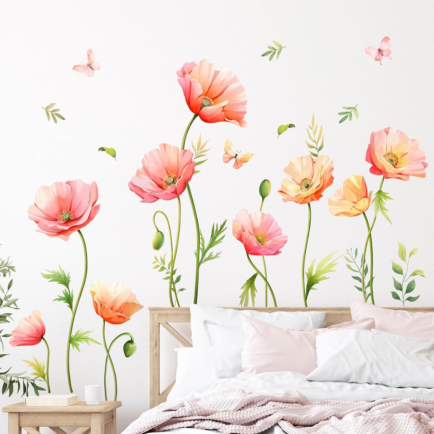 Large Pink Floral Wall Decals Poppy Flower Butterfly Wall Stickers Peel and Stick Autumn Floral Wall Art Decor for Living Room Bedroom Office TV Sofa Backdrop Home Decor Gifts for Mom | Floral Boho Spring Summer Vinyl Adhesive Walls for Living Room Bedroom Office Nursery Classroom Room