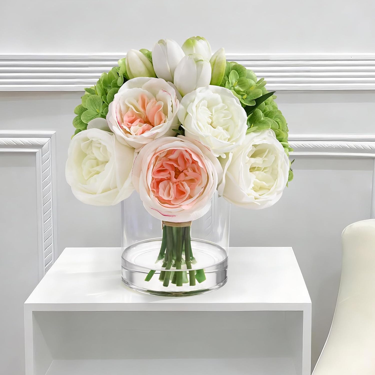 Yastouay Fake Flowers in Vase – Real Touch Peonies Tulips Hydrangea Artificial Flowers with Vase, Large Faux Flowers with Lifelike Faux Water, Centerpiece Table Decorations for Coffee Table Decor