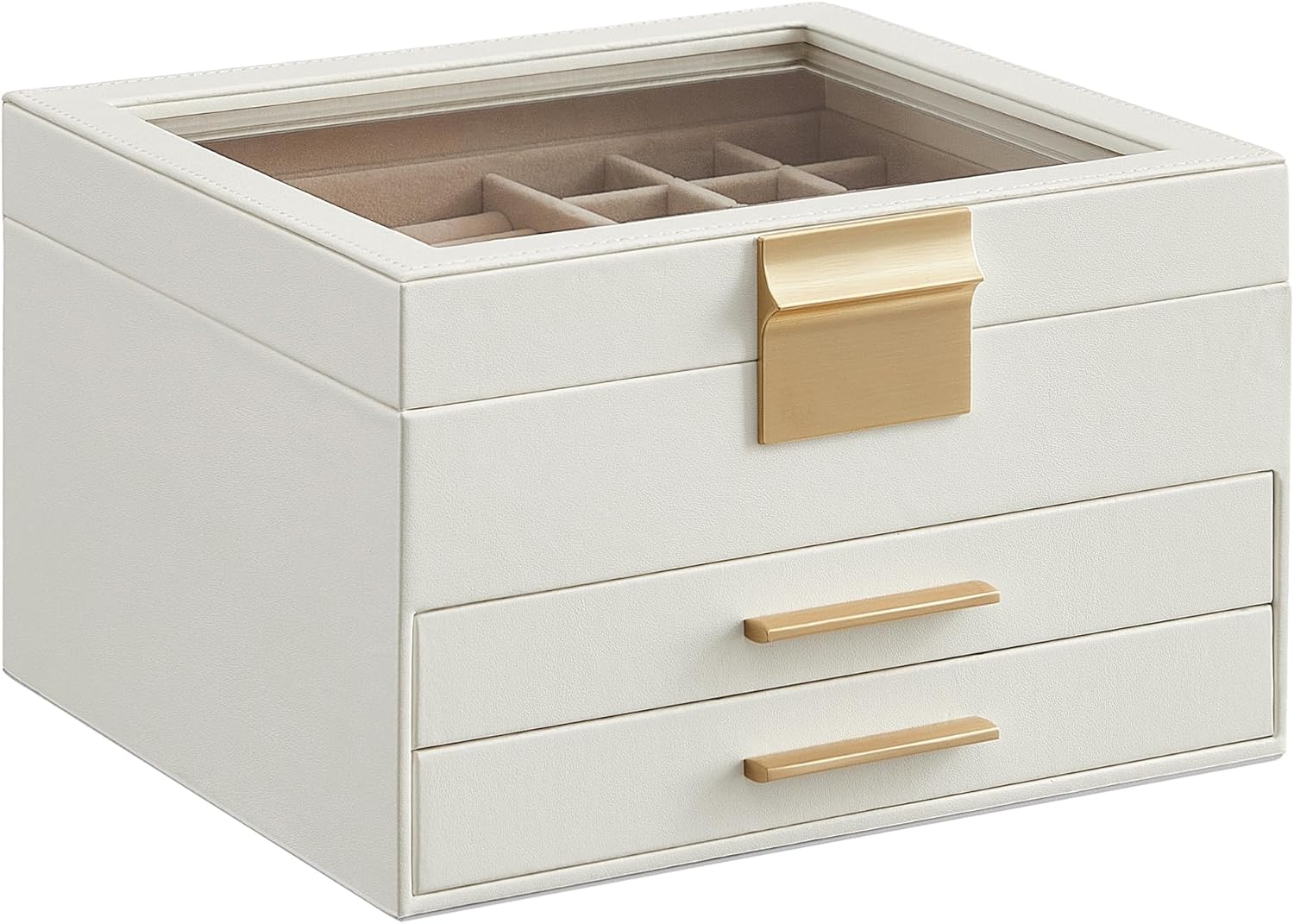 SONGMICS GISELLA Collection – Jewelry Box Organizer with Glass Lid, 3-Layer Jewelry Storage, with 2 Drawers, Modern Style, 8 x 9.1 x 5.3 Inches, Cloud White and Gold Color UJBC239WT