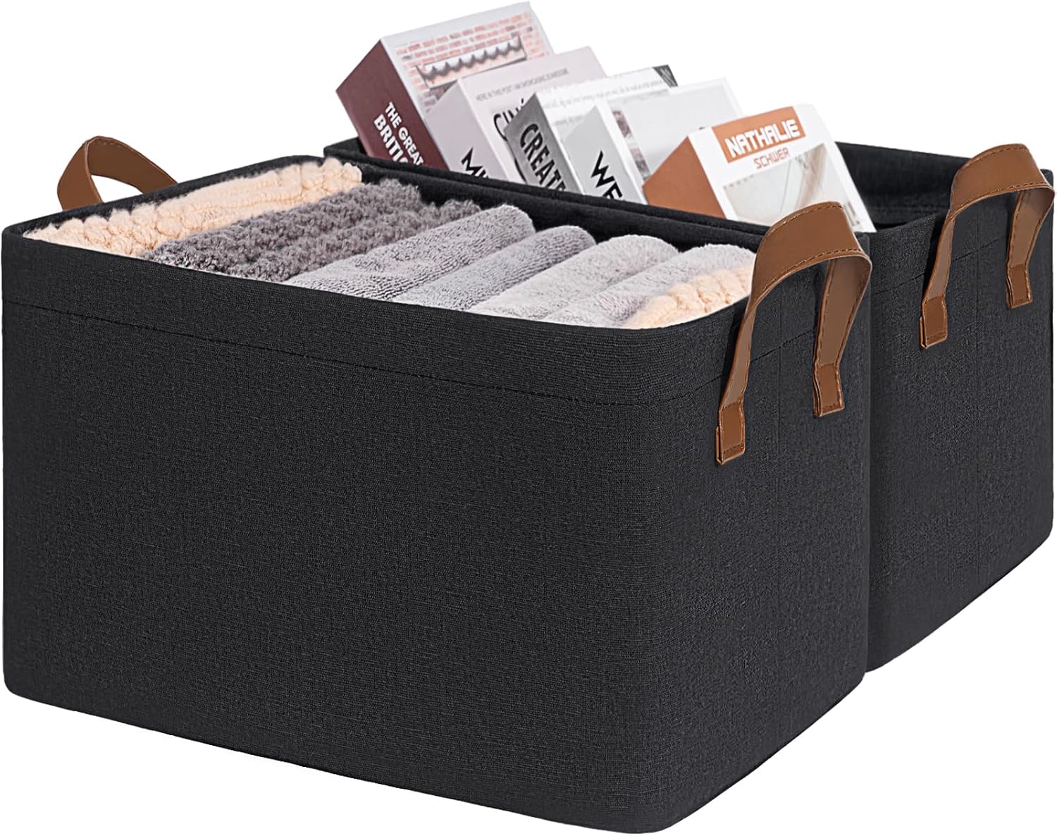 CHICVITA 30L Large Fabric Storage Baskets for Shelves, 2-Pack, Black | 16 ¾” L x 11″ W x 9 ¾” H, Metal Frame, Leather Handles, Clothes, Toys & Towels Storage, Closet & Living Room Organization