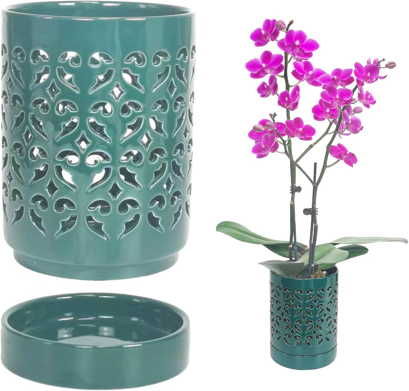 Ceramic Orchid Pot 4 Inch, Orchid Pots with Holes, Plant Pot for Repotting, Flower Planter Pot Indoor Outdoor, Green Chirstmas Gift for Women.
