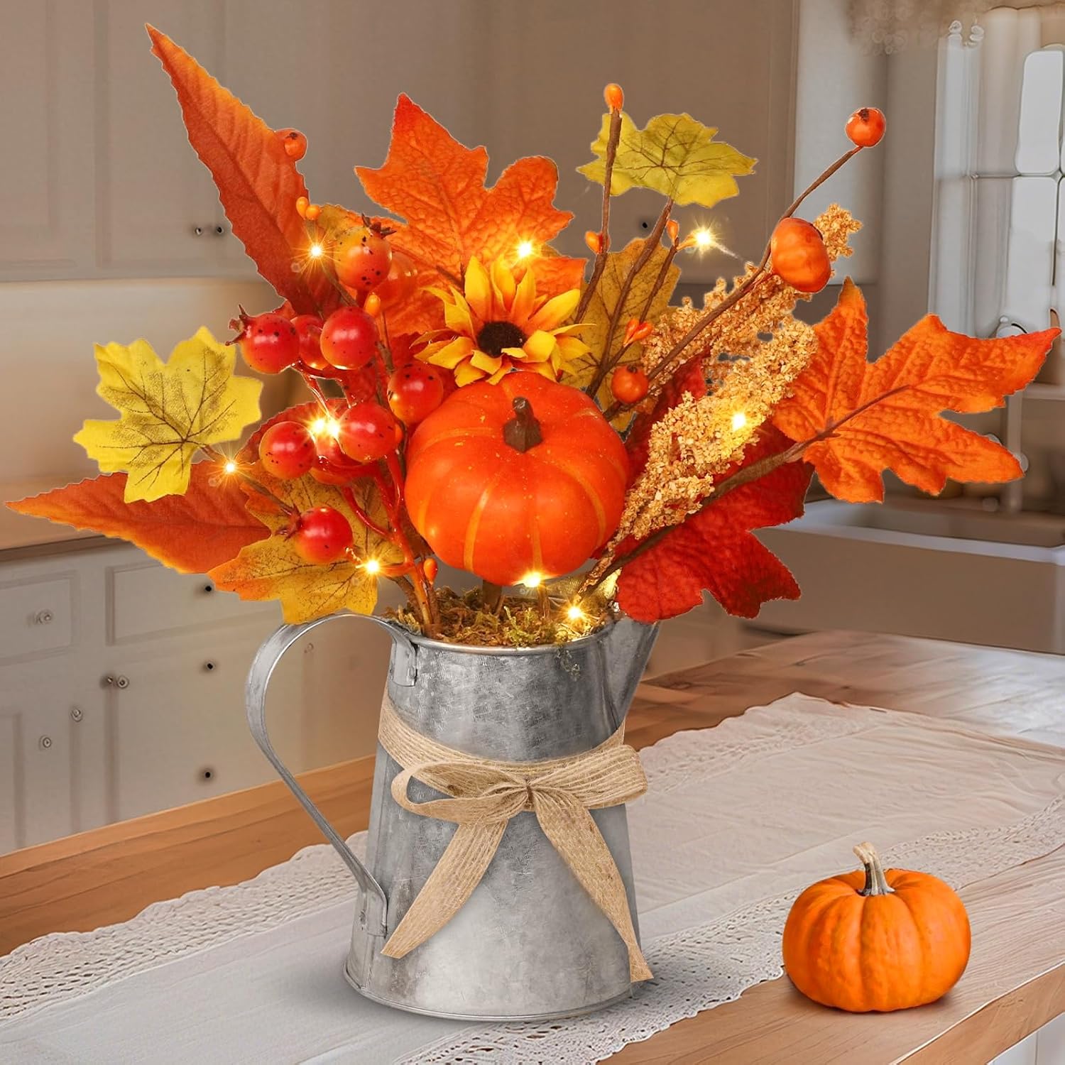 [Light & Timer] Fall Decor Table Centerpiece Rustic Metal Milk Jug with Artificial Orange Maple Tree Pumpkin Sunflower Wheat, Fall Floral Arrangement Decoration for Home Kitchen Autumn Thanksgiving