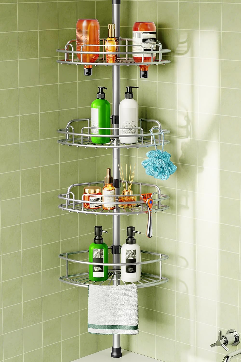 HAMITOR Corner Shower Caddy Tension Pole: 4-Tier Rust-Resistant Adjustable Bathroom Organizer Shelves – 47.72-123.6 Inch No-Drill Quick Install – Space-Saving Storage for Renters Family – Silver Gray