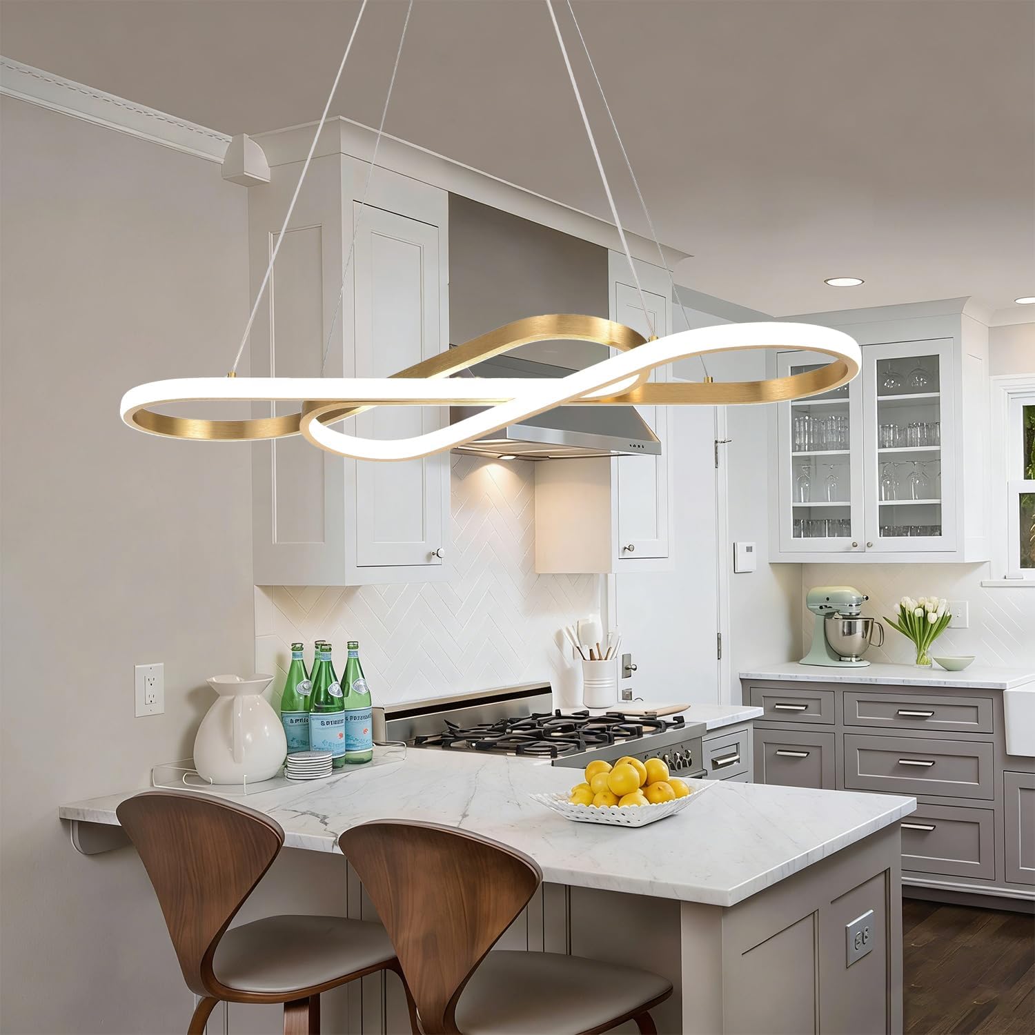 Gold 29.53in Dimmable Modern LED Pendant Chandelier | Height adjustable design, remote control included, suitable for kitchen island, dining room indoor decorative lighting
