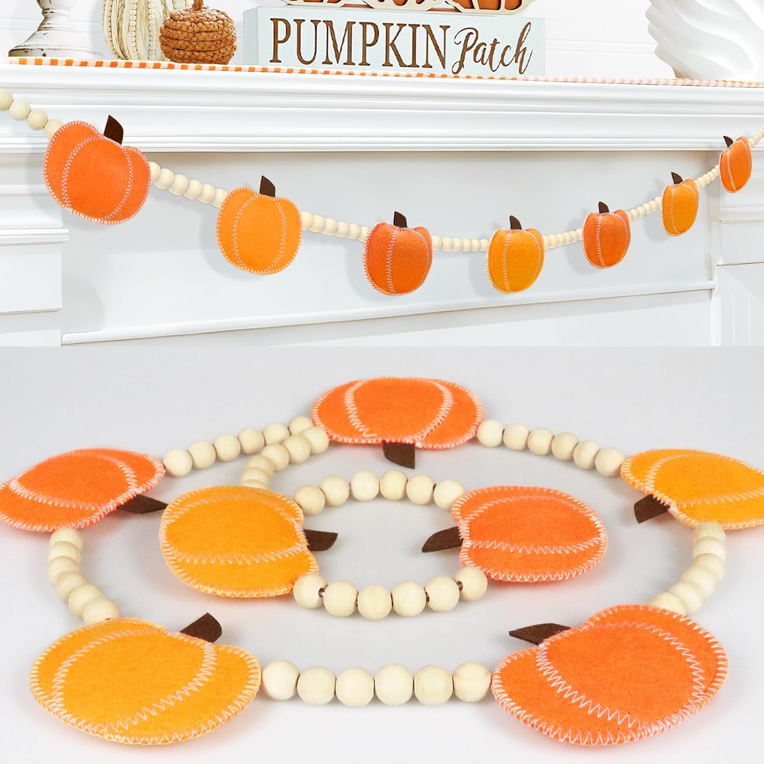CESOF Fall Decorations for Home Pumpkin Garland, Hanging Felt Pumpkins | Adjustable Wood Bead Fall Banner for Mantel Fireplace Indoor Room Office Table Wall Halloween Thanksgiving Farmhouse Decor