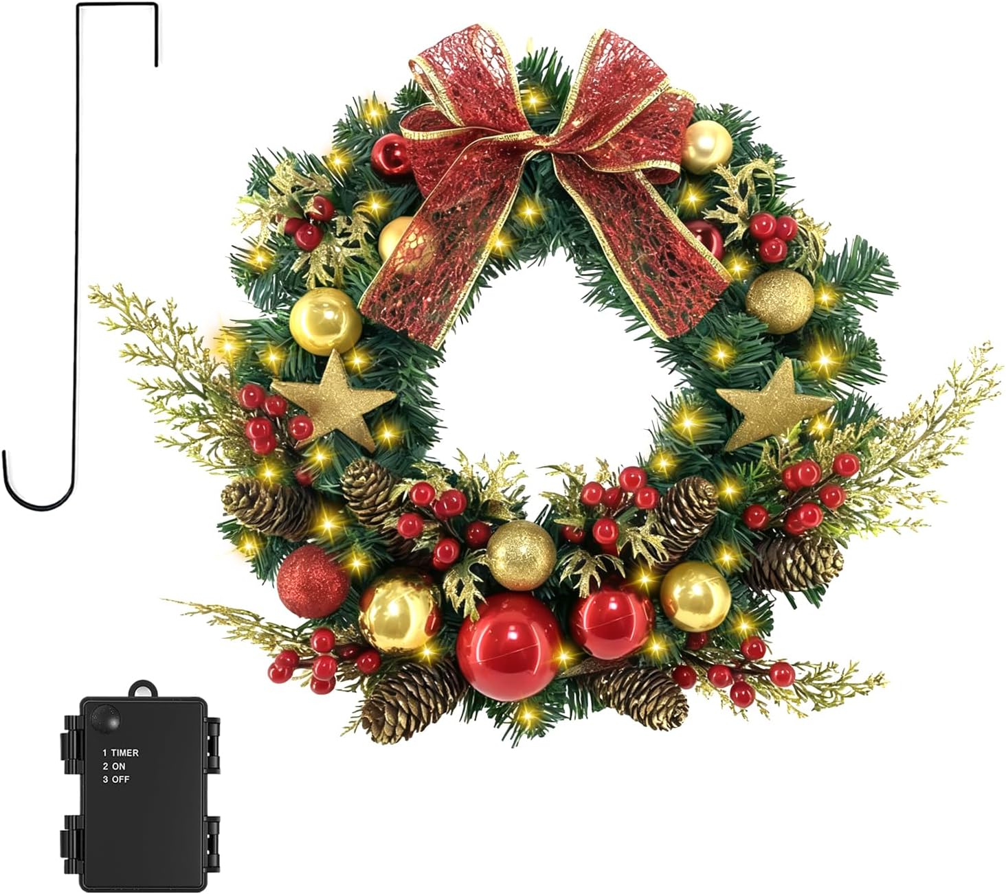 16 in Pre-Lit Christmas Door Wreath with Timer & Hanger & 50LED Warm Lights | Decor with Bow & Golden Ball & Star ect., Artificial Christmas Wreath for Door & Window & Fireplace