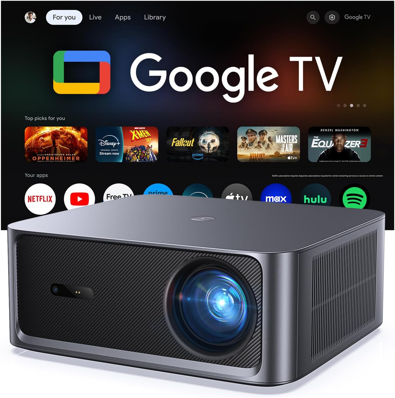 HAPPRUN 3000 ANSI Lumens Outdoor Projector with Official Google TV | 4K Supported, Dolby Audio, Auto Focus & Auto Keystone, 10K+ Apps, WiFi 6, Bluetooth, Indoor & Outdoor Movies