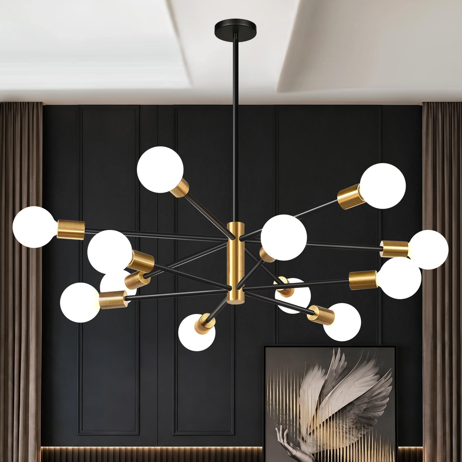 11″-52″ Height Adjustable Modern Chandelier Ceiling Light Fixture, 12-Light Sputnik Chandeliers Brushed Gold and Matte Black Mid Century Chandelier Over Table, Chandeliers for Dining Room Living Room