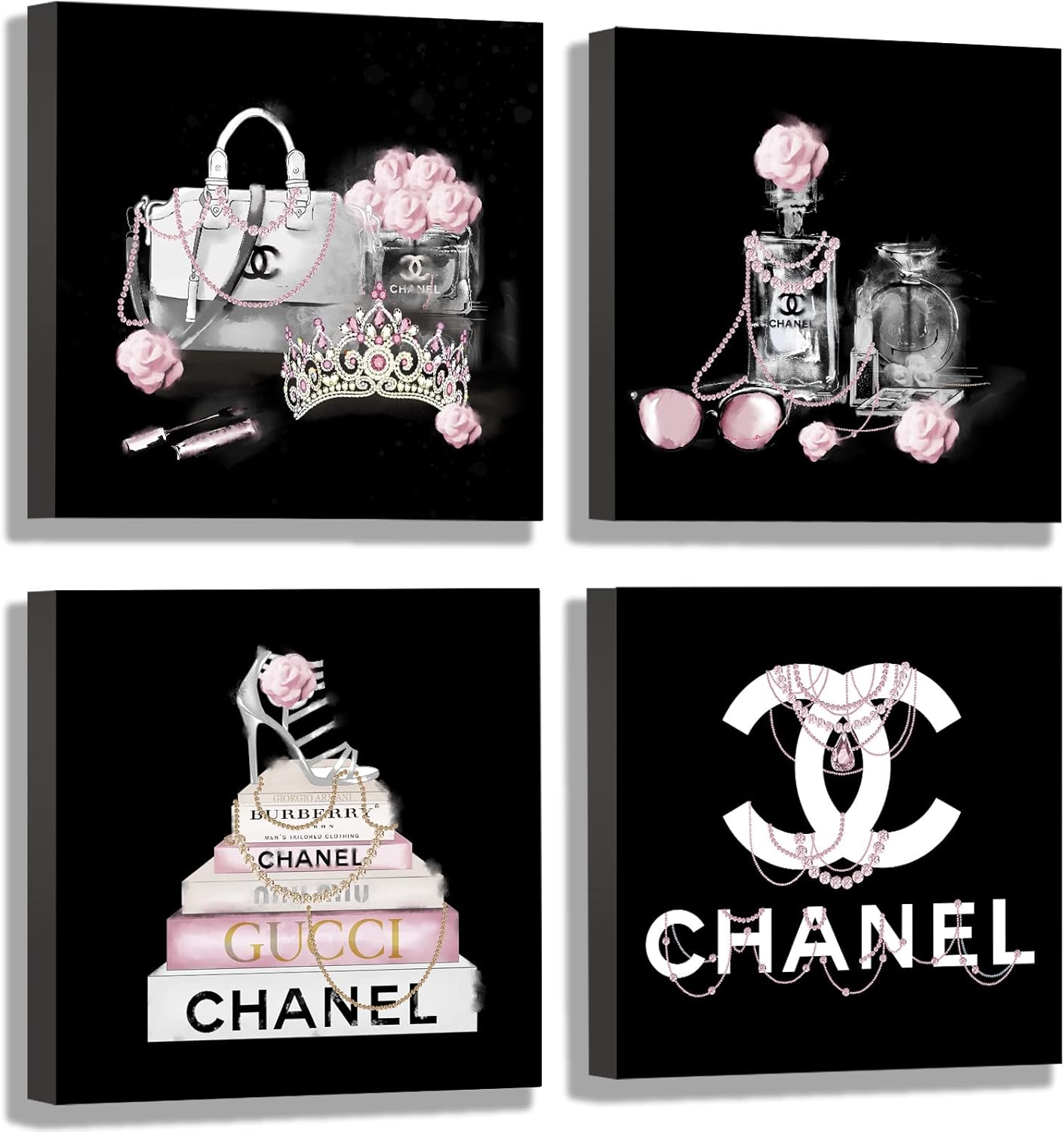 Meetdeceny Black And White Wall Art/Pink Book Pictures Room Decor for Teen Girls/Women Handbag Perfume Wall Decor for Living Room/Fashion Canvas Artwork Size 10″x 10″x 4 Pieces