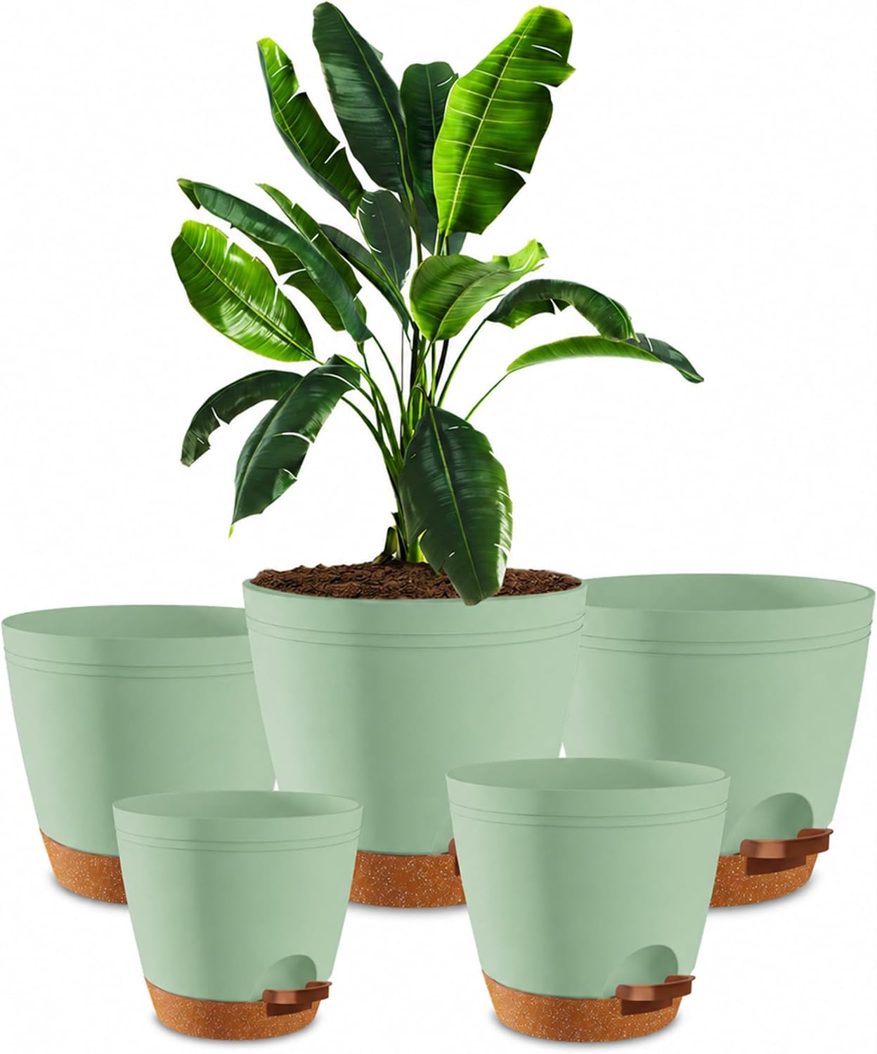 Utopia Home Self Watering Pots for Indoor Plants 6.8″/6.4″/5.9″/5.5″/4.9″ Set of 5, Planters for Indoor Plants, Small Multi-Size Flowerpot, Plant Pots with Drainage & Reservoir (Olive Green)
