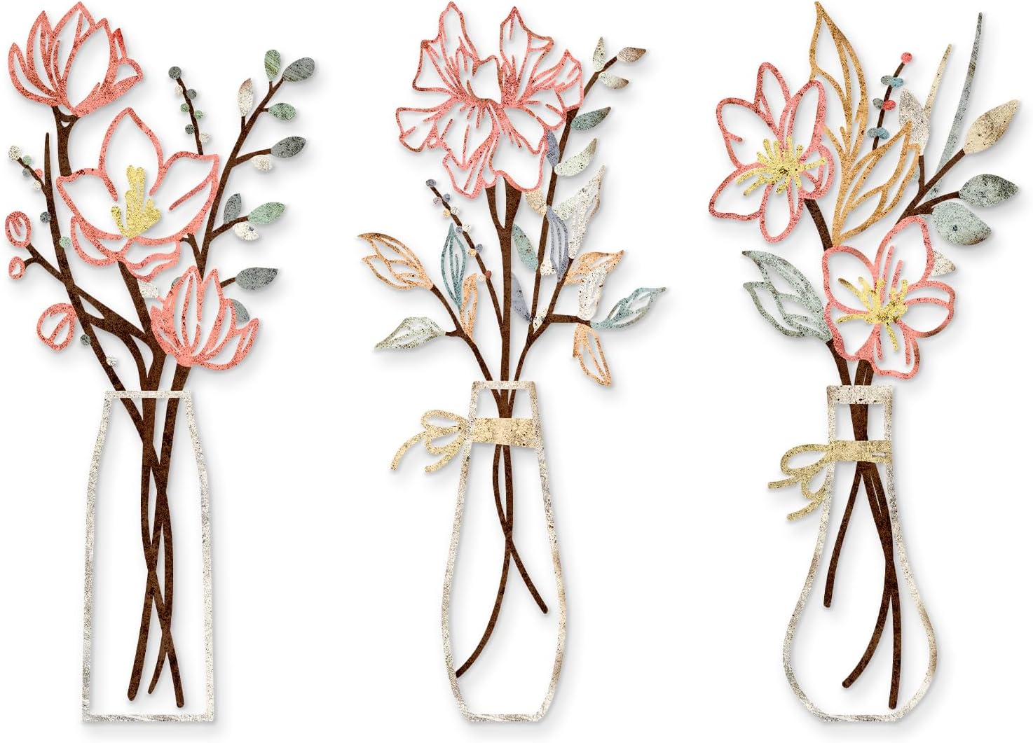 3 Pieces Metal Flowers Wall Art for Bathroom (Multicolored) | Farmhouse Minimalist Floral Wall Decor For Bathroom, Living Room, Bedroom, Kitchen And Dining Room