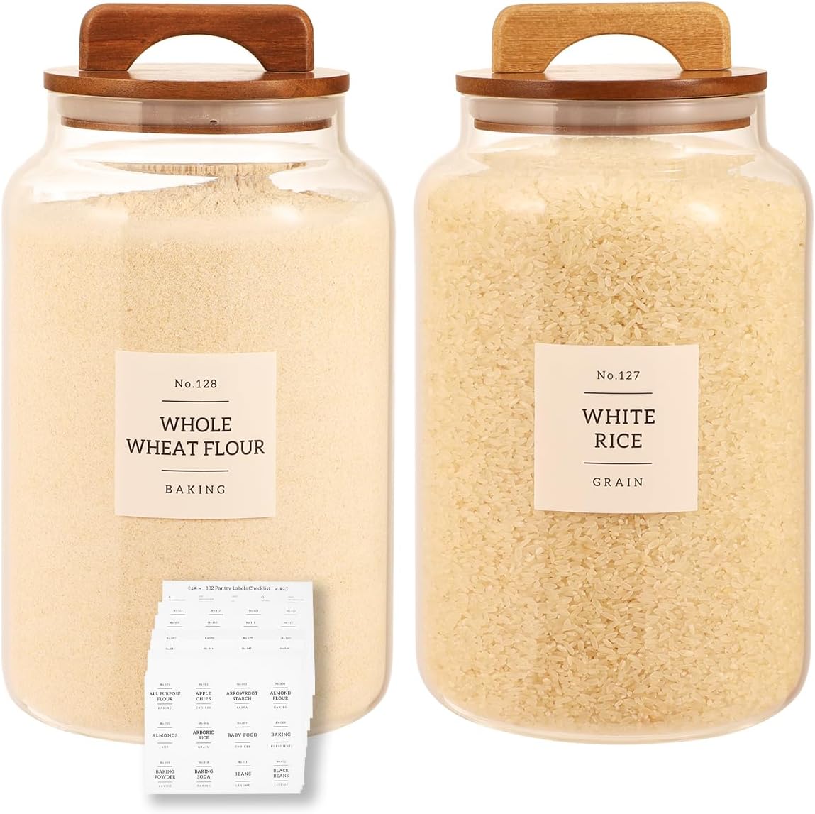 2 Pack Large Glass Flour and Sugar Containers with 132 Pantry Labels – 1 Gallon Glass Canisters with Bamboo Airtight Lids – Farmhouse Glass Cookie Jars for Rice, Pasta, Cereal, Bath Salt