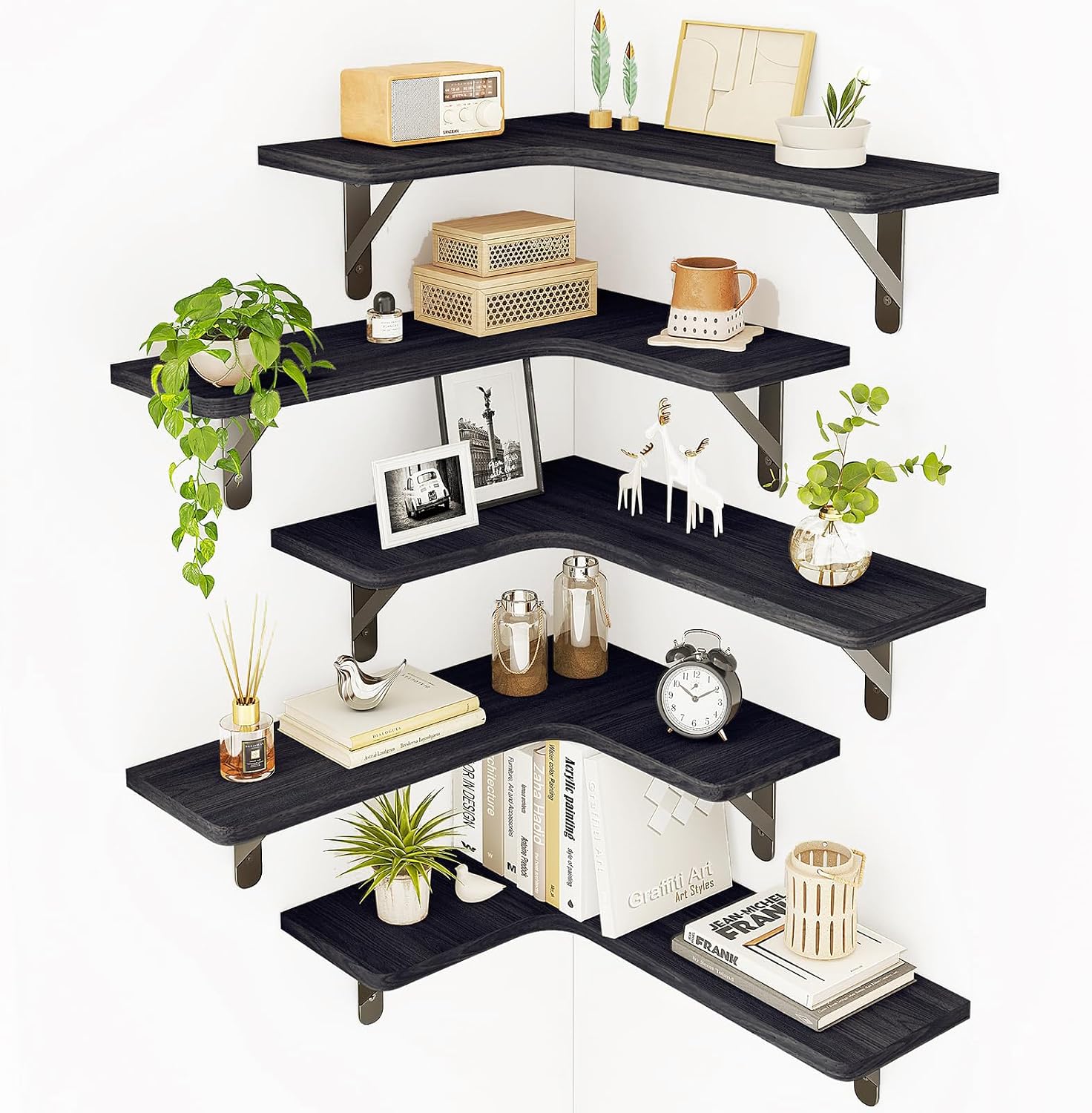 Fixwal Corner Shelves Wall Mounted Set of 5, Floating Shelves for Wall Bathroom, Kitchen, Bedroom, Home Decor, Laundry Room, Living Room (Black)